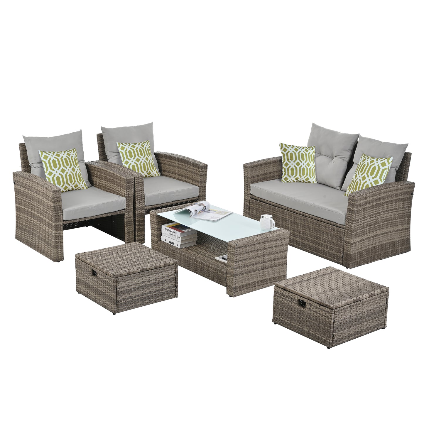 Patio Furniture, Outdoor Furniture, Seasonal PE Wicker Furniture, 6 Set Wicker Furniture With Tempered Glass Coffee Table
