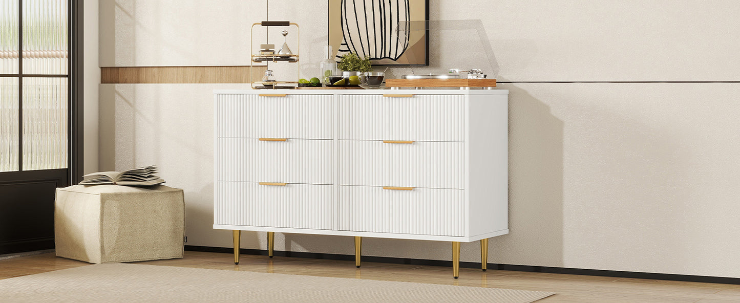 6 Drawer Dresser with Metal Leg and Handle for Bedroom, Storage Cabinet with Vertical Stripe Finish Drawer, White