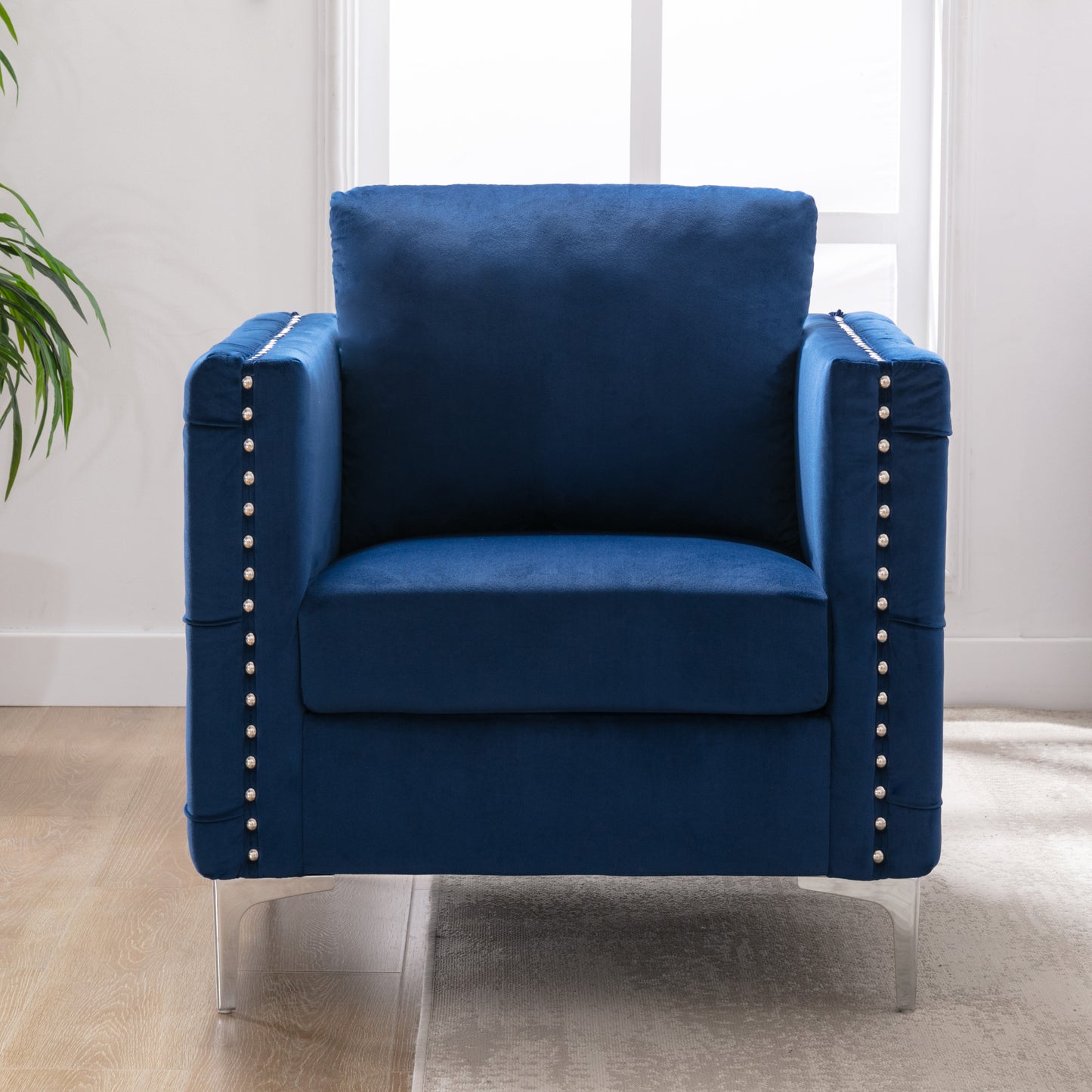 Modern Velvet Armchair Tufted Button Accent Chair Club Chair with Steel Legs for Living Room Bedroom,Navy
