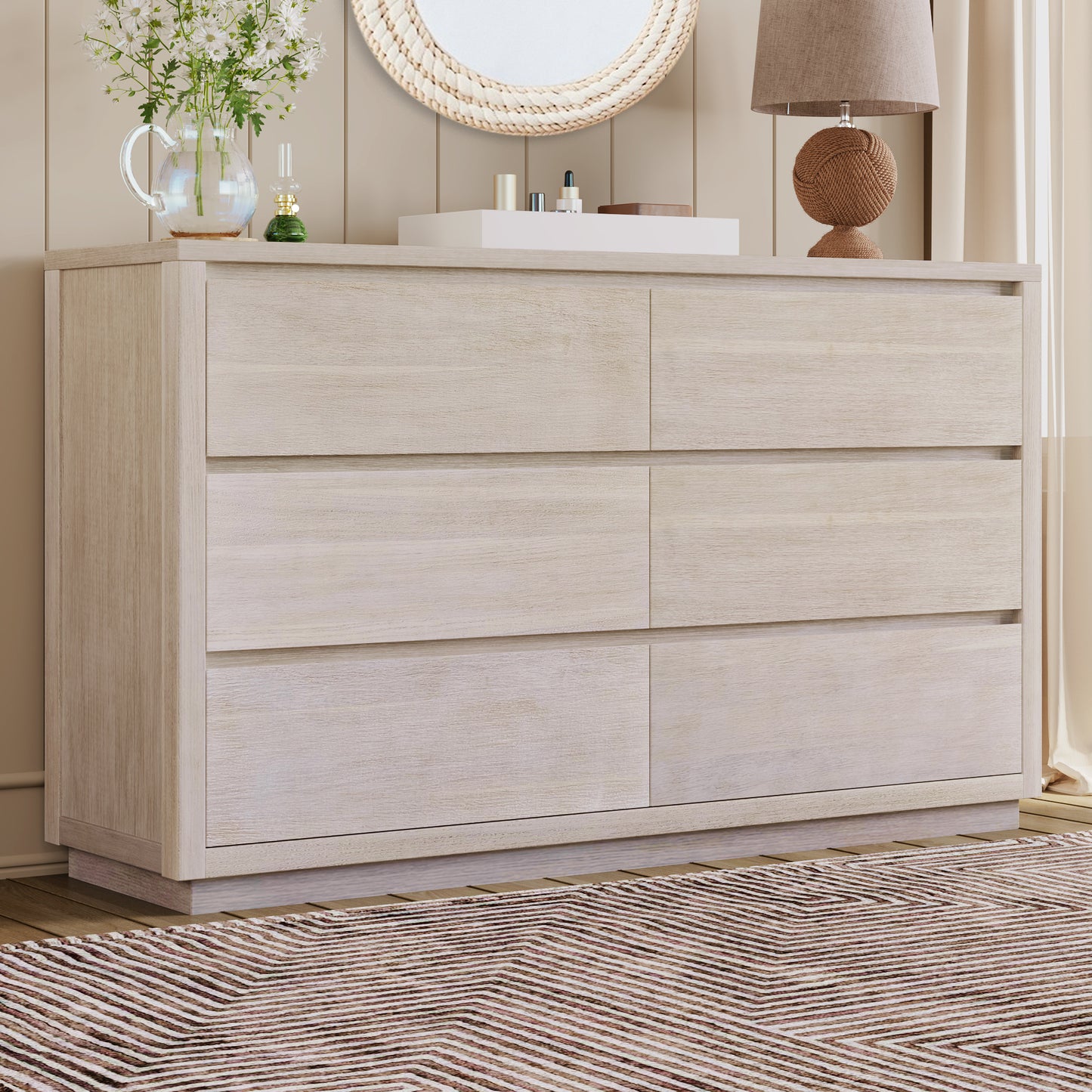 3 Pieces Modern Concise Style Bedroom Set Solid Wood Grain Platform Full Bed Frame + Nightstand +6-Drawer Dresser, Stone Gray