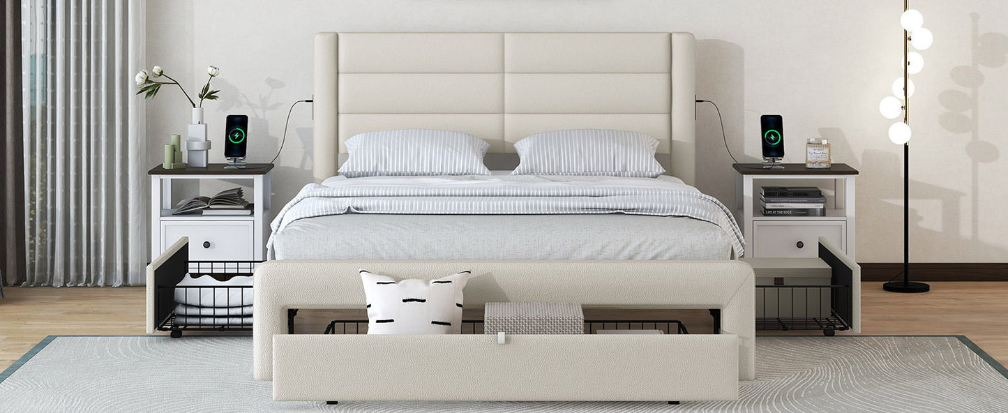 Queen Size Bed Frame with Drawers Storage, Leather Upholstered Platform Bed with Charging Station,Beige