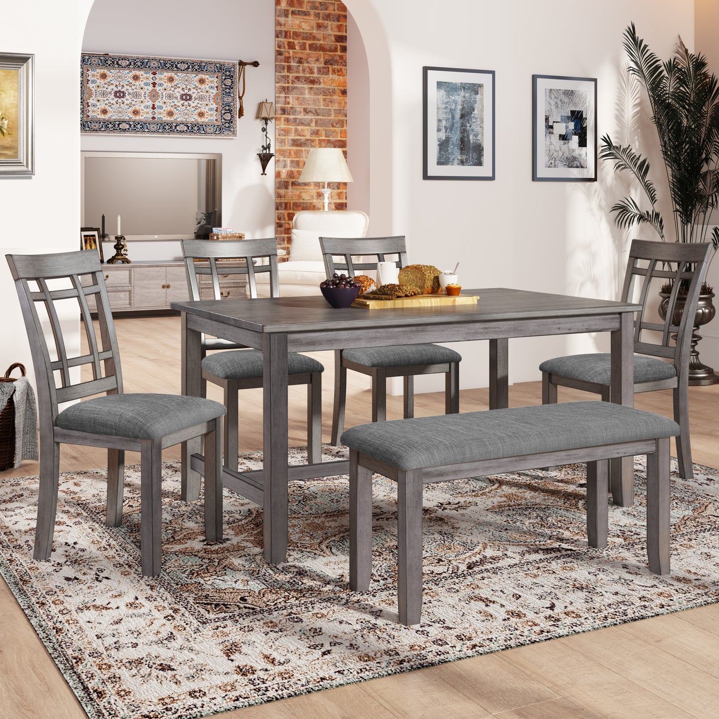 TOPMAX 6 Piece Wooden Dining Table set, Kitchen Table set with 4 Chairs and Bench, Farmhouse Rustic Style,Gray