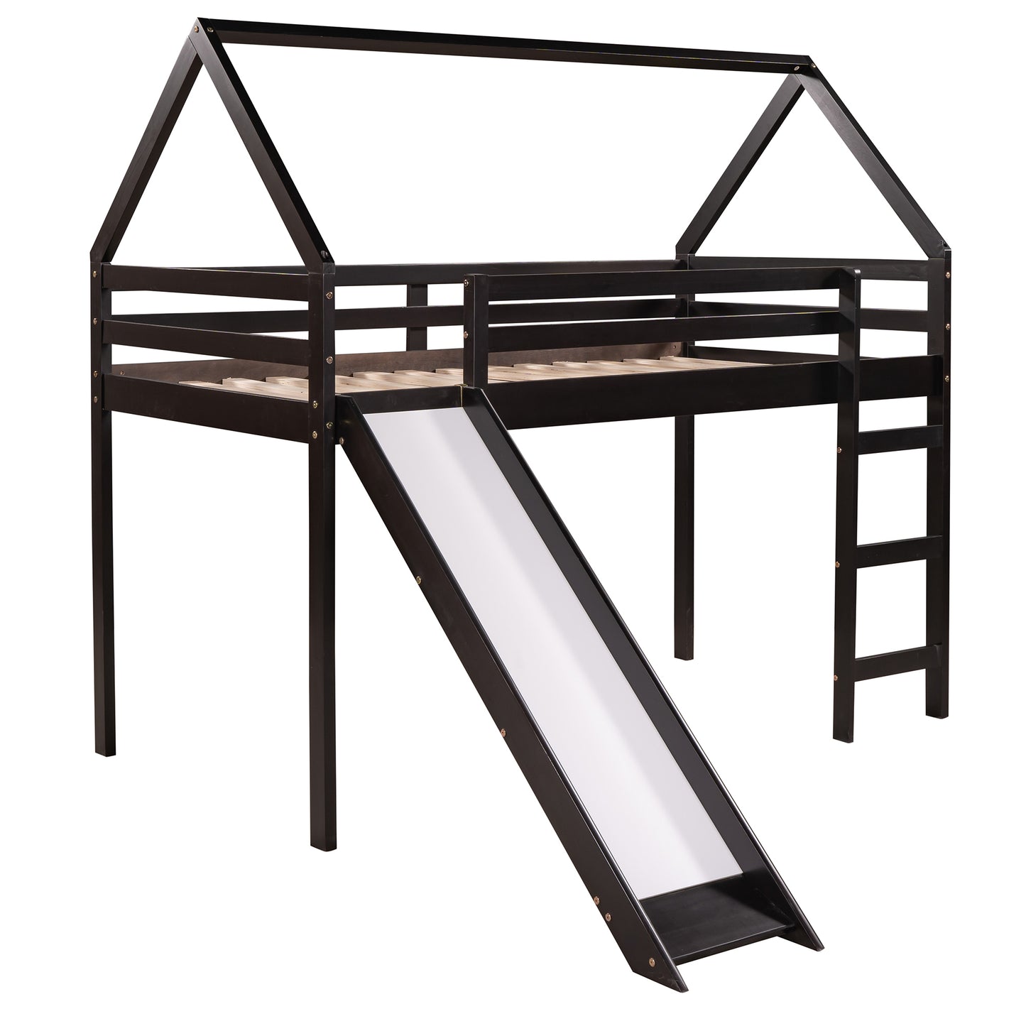 Twin Size Loft Bed with Slide, House Bed with Slide,Espresso(OLD SKU :WF281158AAP)