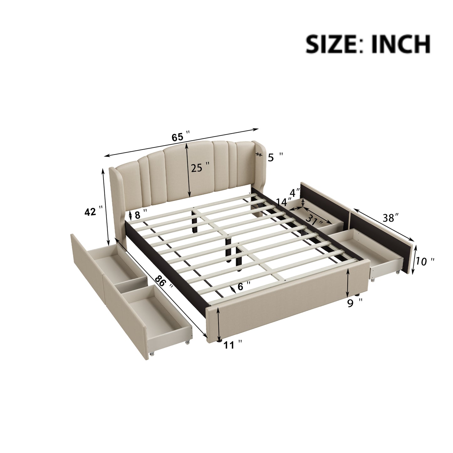 Upholstered Platform Bed with Wingback Headboard and 4 Drawers, No Box Spring Needed, Linen Fabric, Queen Size Beige