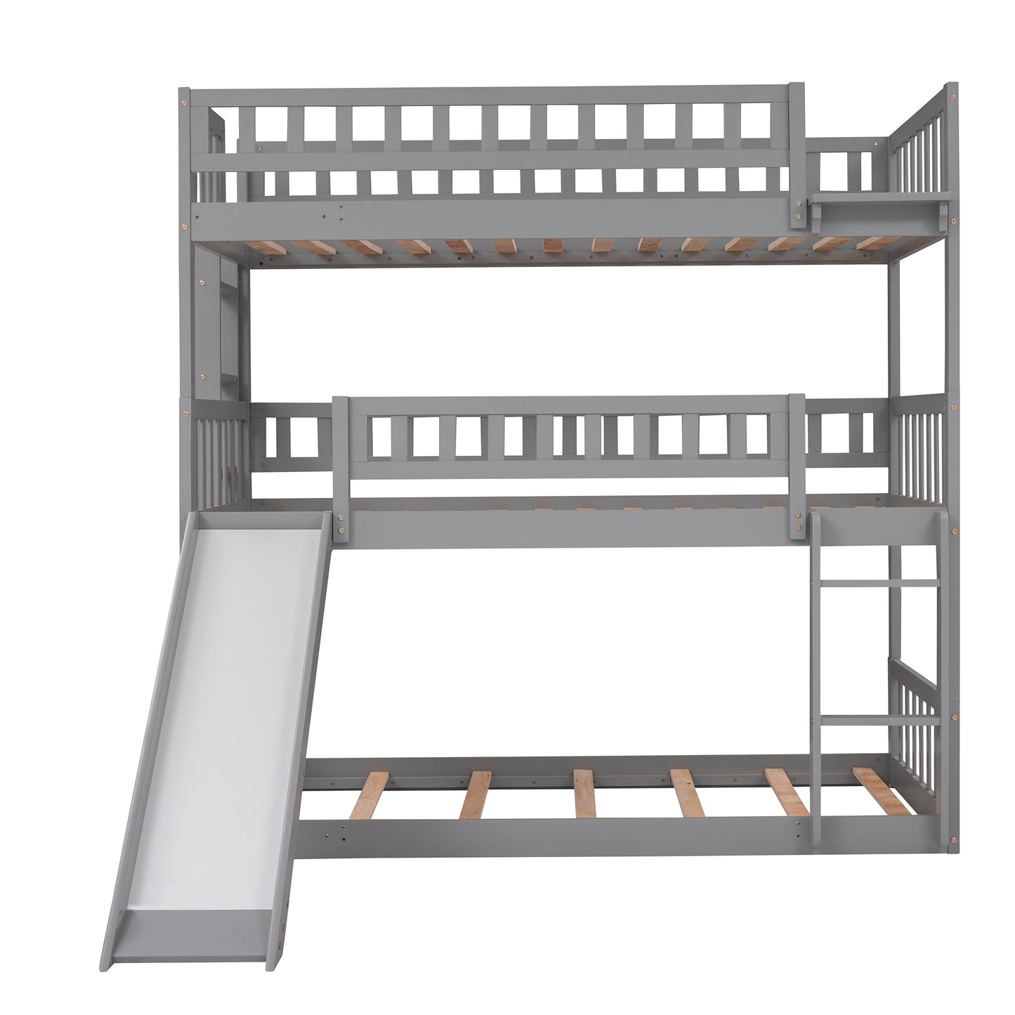 Twin-Over-Twin-Over-Twin Triple Bed with Built-in Ladder and Slide, Triple Bunk Bed with Guardrails, Gray(OLD SKU: LP000051AAE)