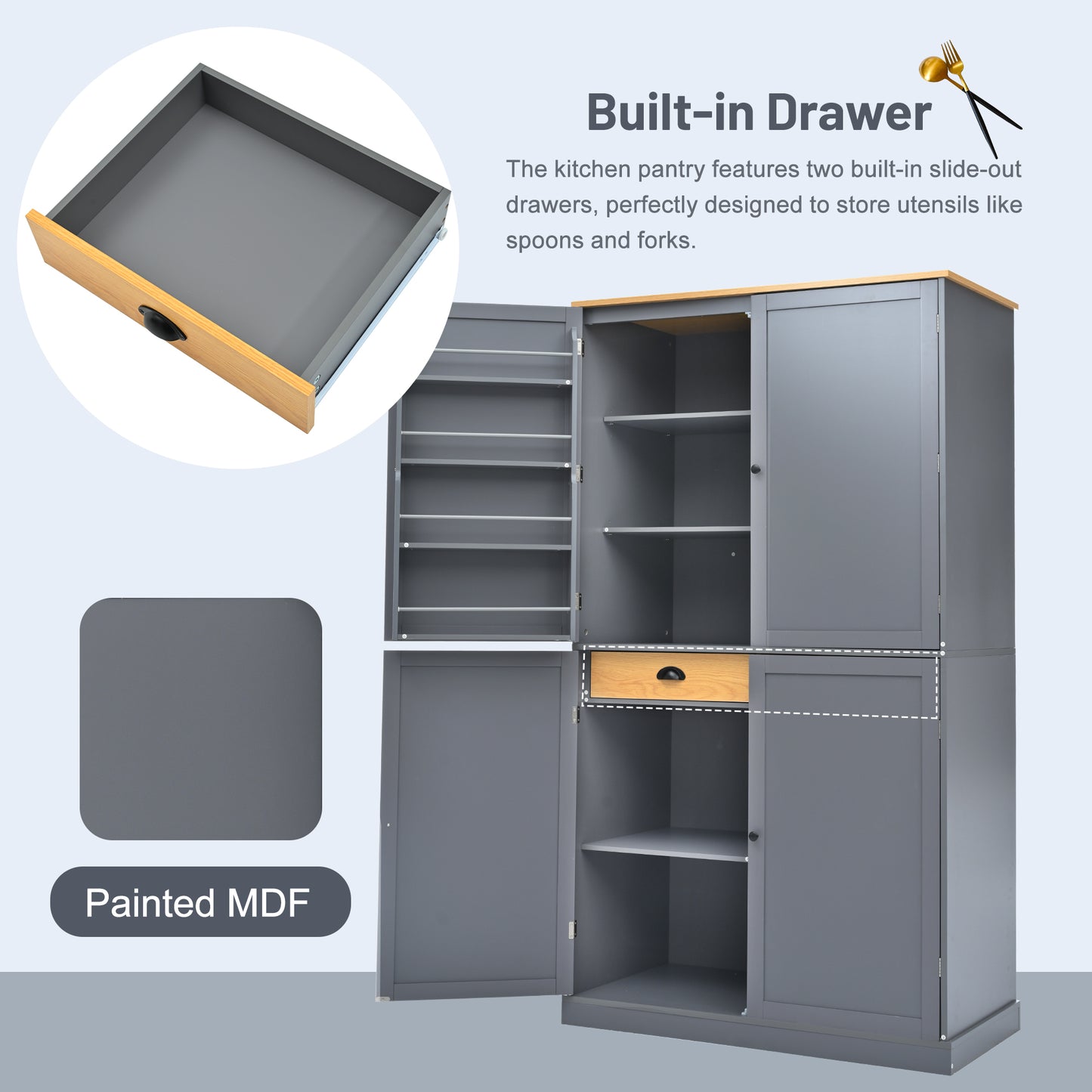 [Assembly Video Provided]TOPMAX 40.2x20x71.3inch High Freestanding Kitchen Pantry Large Cupboard Storage Cabinet with 2 Drawers, 2 Adjustable Shelves, 8 Door Shelves for Kitchen, Dining Room,Gray