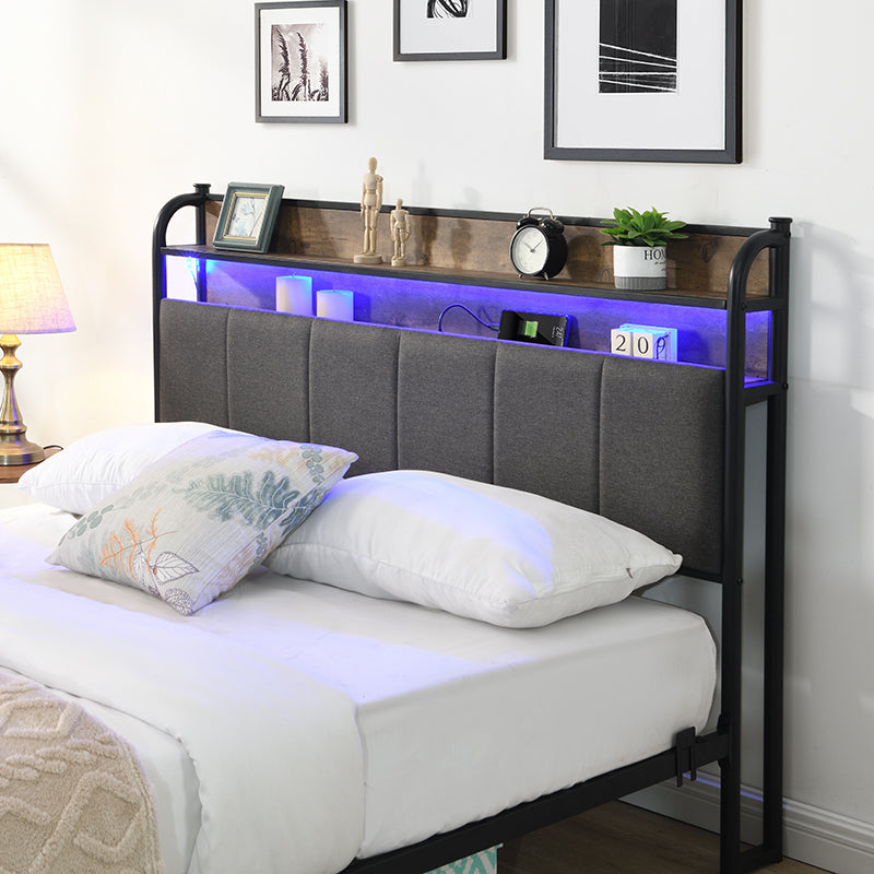 Queen Bed Frame, Storage Headboard with Charging Station, Solid and Stable, Noise Free, No Box Spring Needed, Easy Assembly