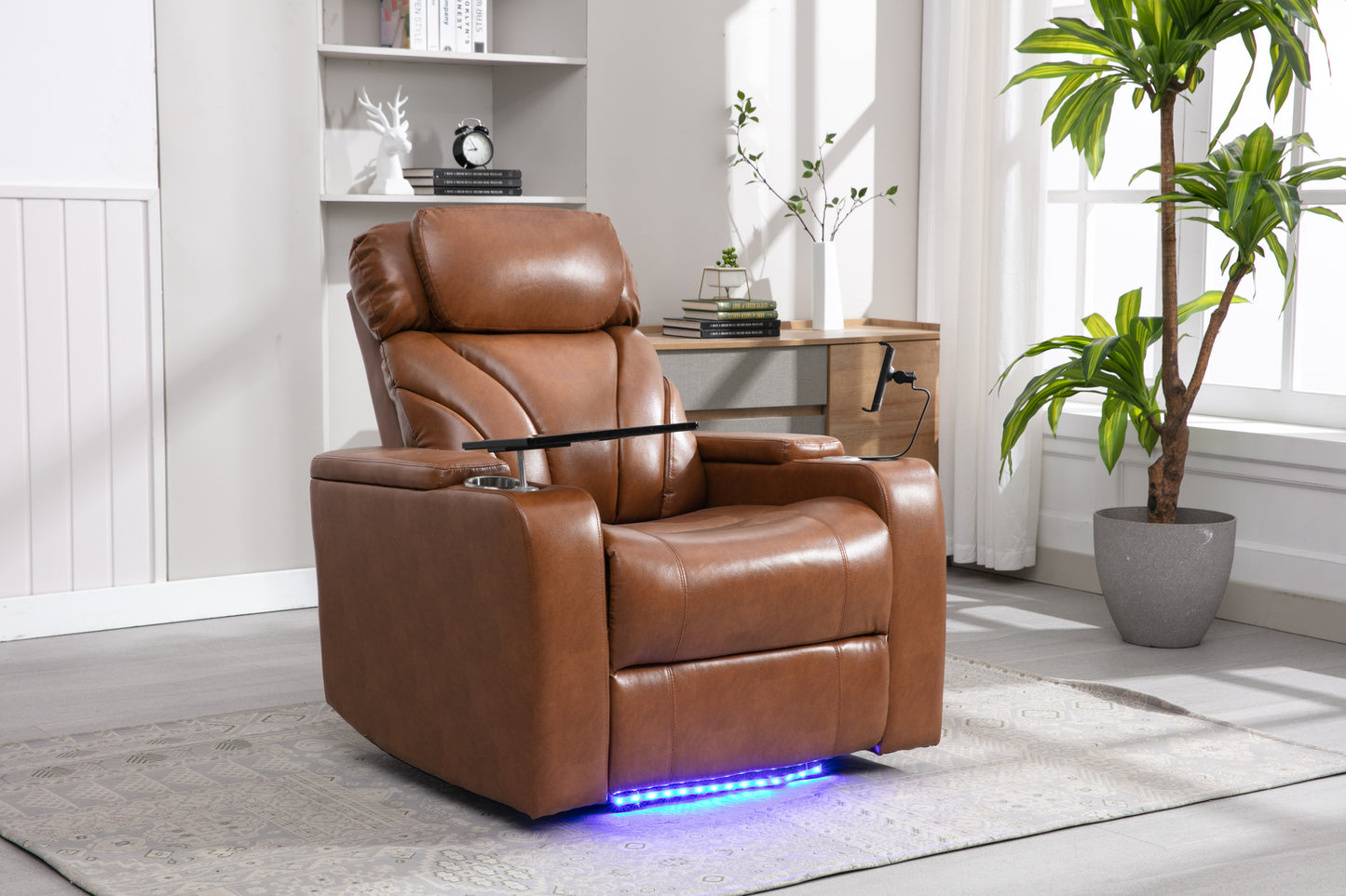 Power Motion Recliner with USB Charging Port and Hidden Arm Storage, Home Theater Seating with Convenient Cup Holder Design ,and stereo(Light  Brown)
