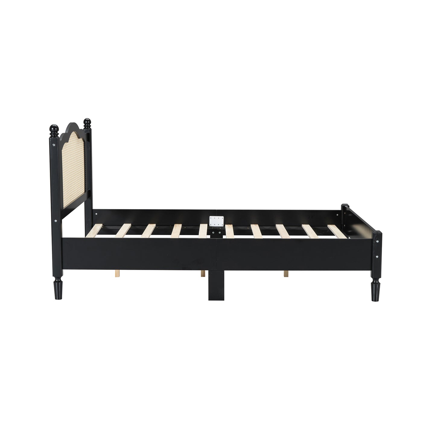 Full Size Wooden Platform Bed with Natural Rattan Headboard, Vintage Bed Frame with Wooden Slat Support, Black (Expected Arrival Time: 08.23)