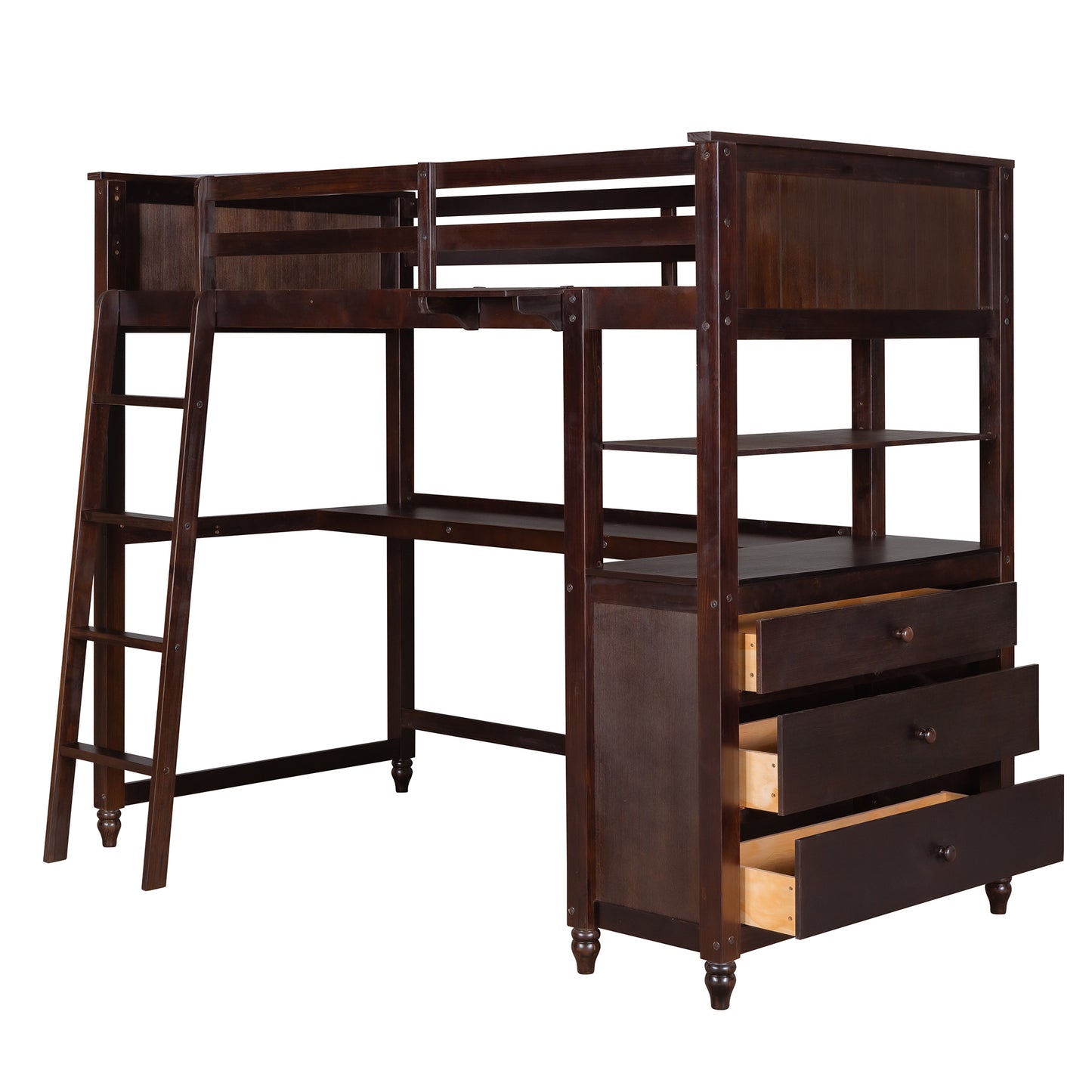 Twin size Loft Bed with Drawers and Desk, Wooden Loft Bed with Shelves - Espresso(OLD SKU: LP000530AAP)