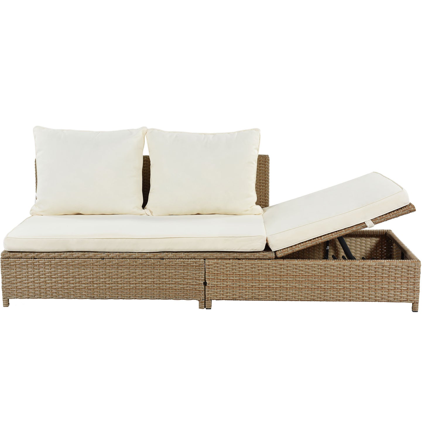 TOPMAX Patio 3-Piece Rattan Sofa Set All Weather PE Wicker Sectional Set with Adjustable Chaise Lounge Frame and Tempered Glass Table, Natural Brown