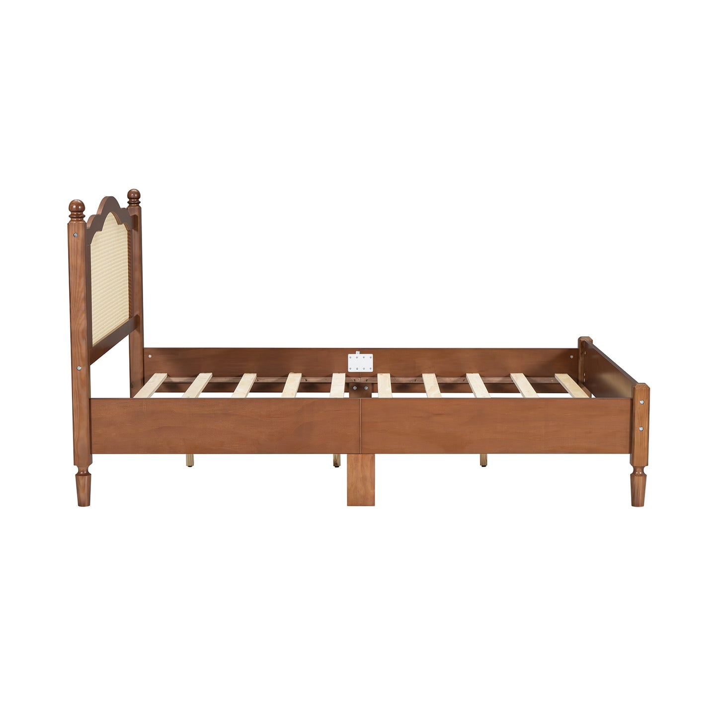 Full Size Wooden Platform Bed with Natural Rattan Headboard, Vintage Bed Frame with Wooden Slat Support, Walnut (Expected Arrival Time: 08.23)