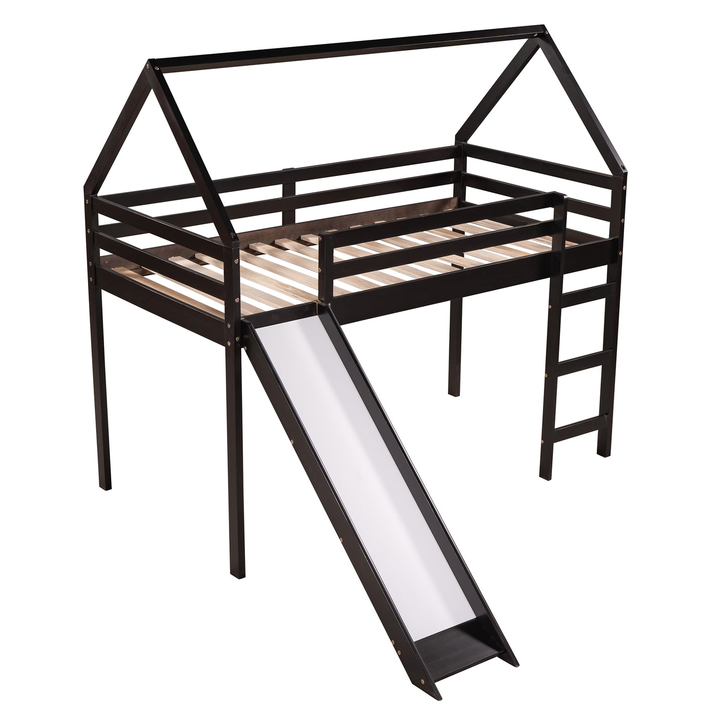Twin Size Loft Bed with Slide, House Bed with Slide,Espresso(OLD SKU :WF281158AAP)