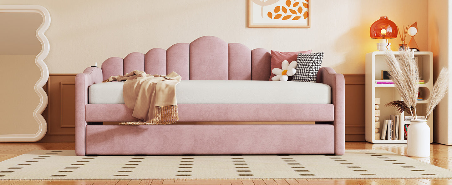 Twin size Upholstered Daybed with Trundle ,Velvet Sofabed with USB Charging Ports,No Box-spring Needed,Pink