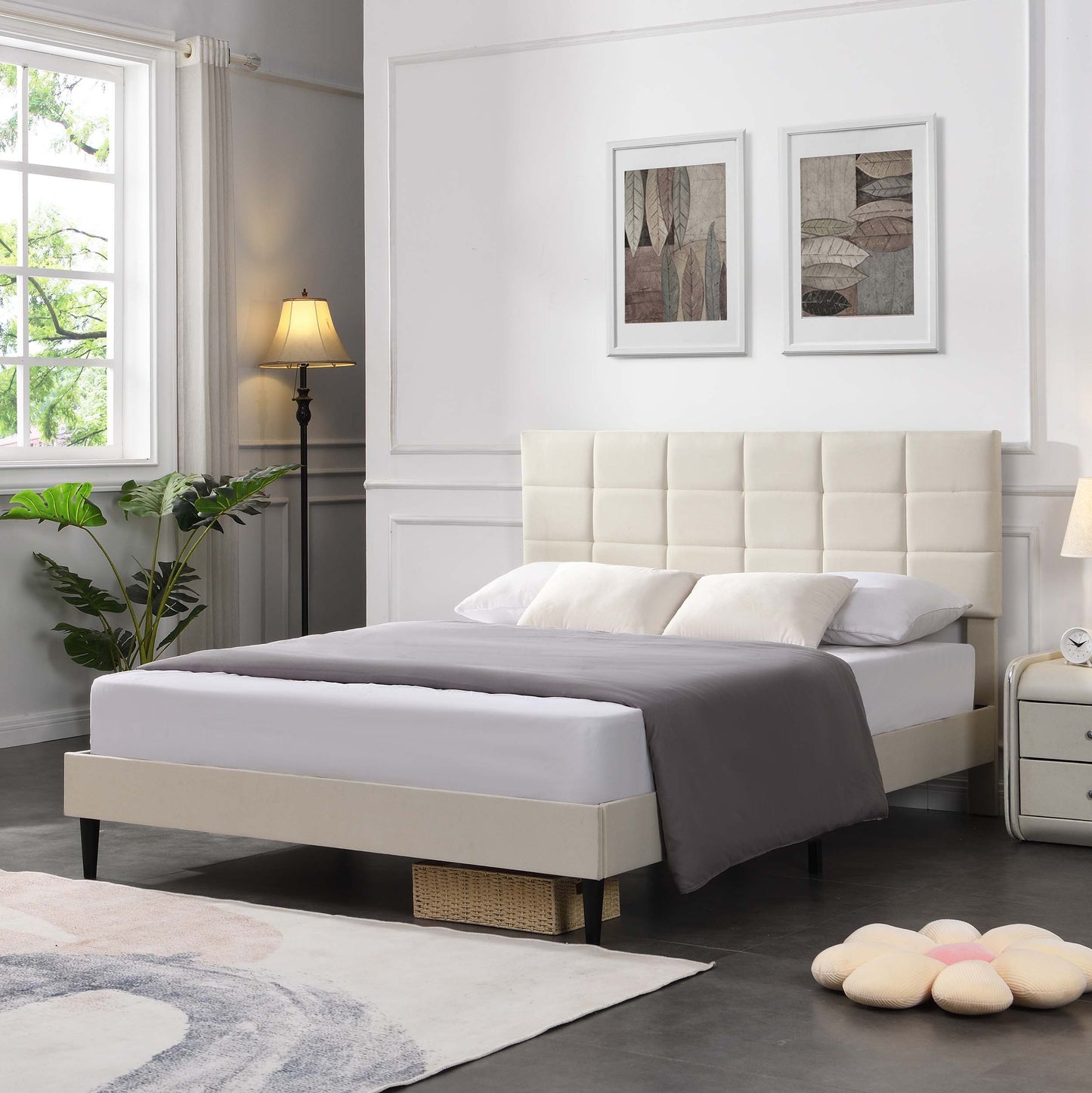 Full Size Platform Bed Frame with Fabric Upholstered Headboard and Wooden Slats, No Box Spring Needed/Easy Assembly, Beige