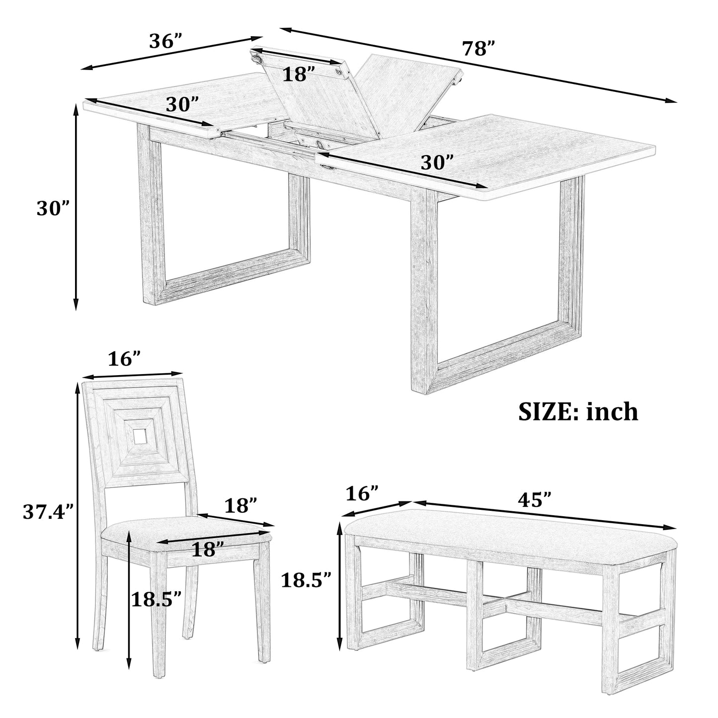 TOPMAX Modern 78inch 6-Piece Extendable Dining Table Set, 4 Upholstered Dining Chairs and Dining Bench, 18" Butterfly Leaf, Natural