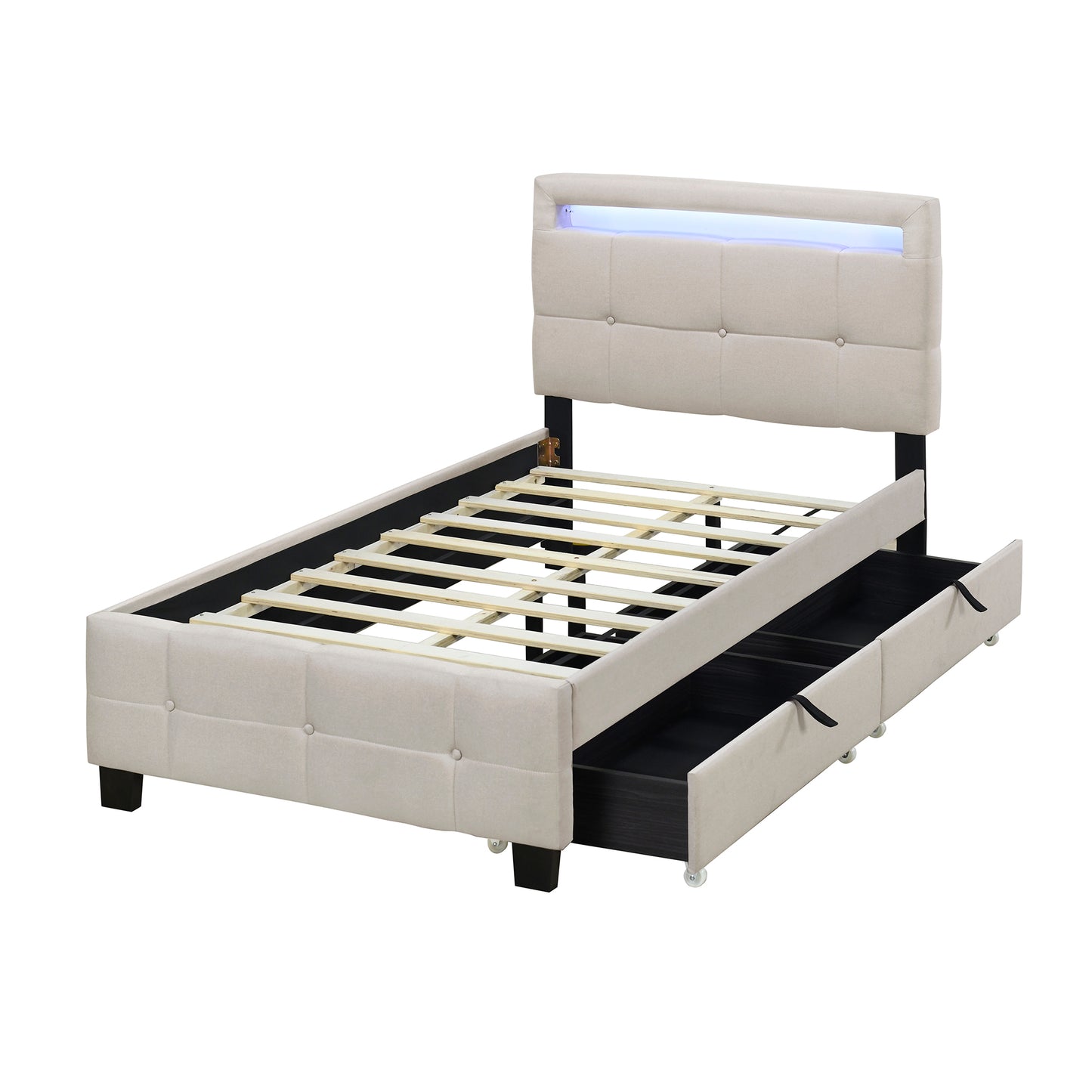Twin Size Upholstered Platform Bed with LED Frame and 2 Drawers, Linen Fabric, Beige