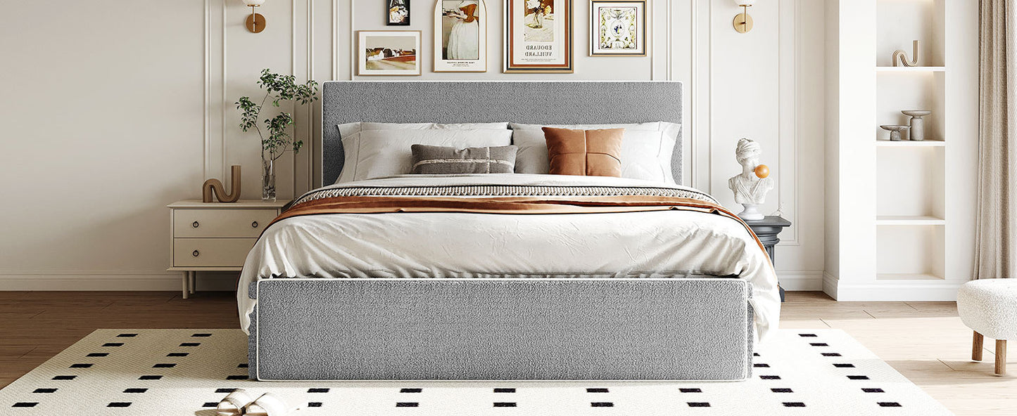 Queen Size Upholstered Platform Bed with 4 Drawers and White Edge on the Headboard & Footboard, Gray