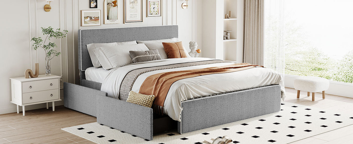 Queen Size Upholstered Platform Bed with 4 Drawers and White Edge on the Headboard & Footboard, Gray