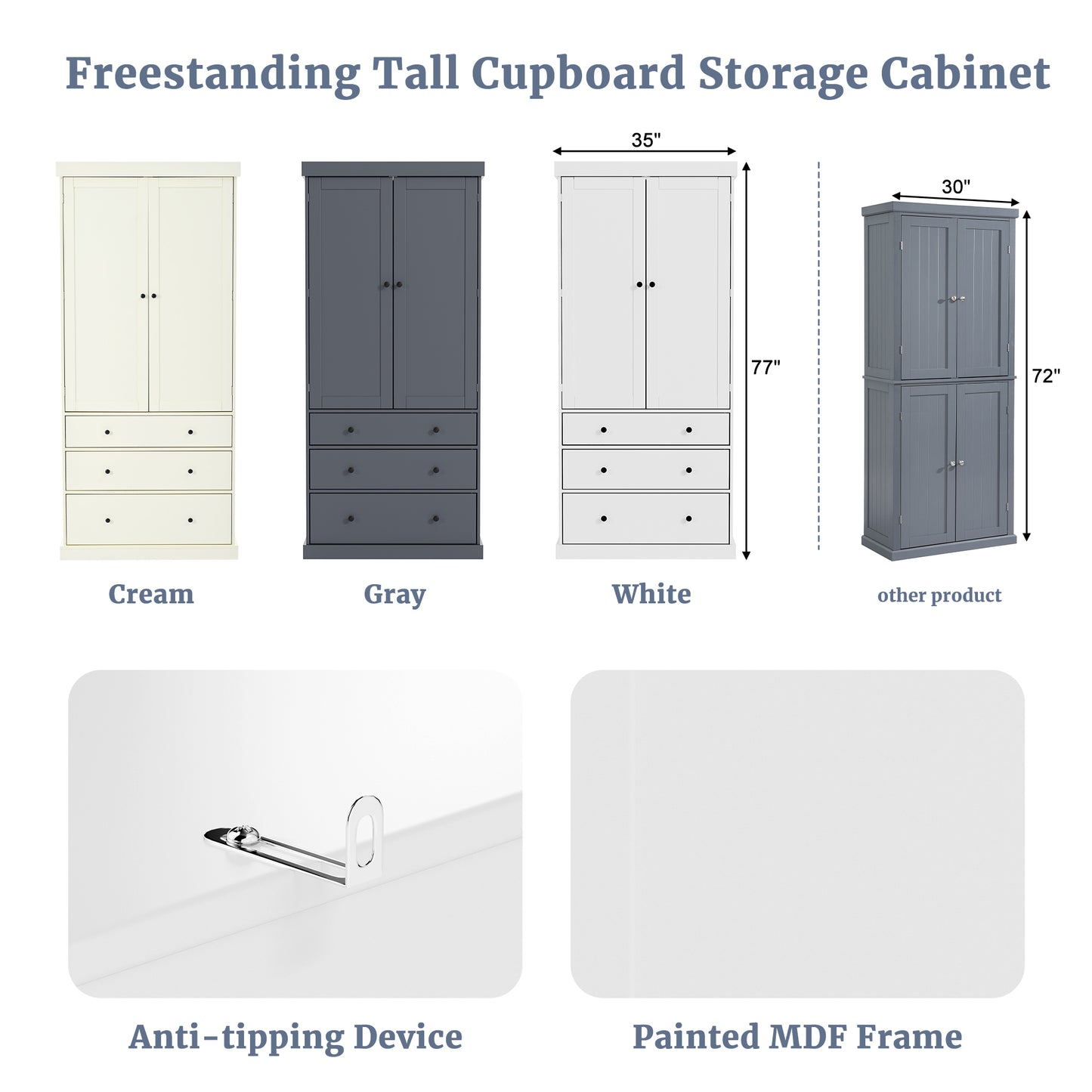 [Assembly Video Provided]TOPMAX 77inch Farmhouse Kitchen Pantry, Freestanding Tall Cupboard Storage Cabinet with 3 Adjustable Shelves, 8 Door Shelves, 3 Drawers for Kitchen, Dining Room, White