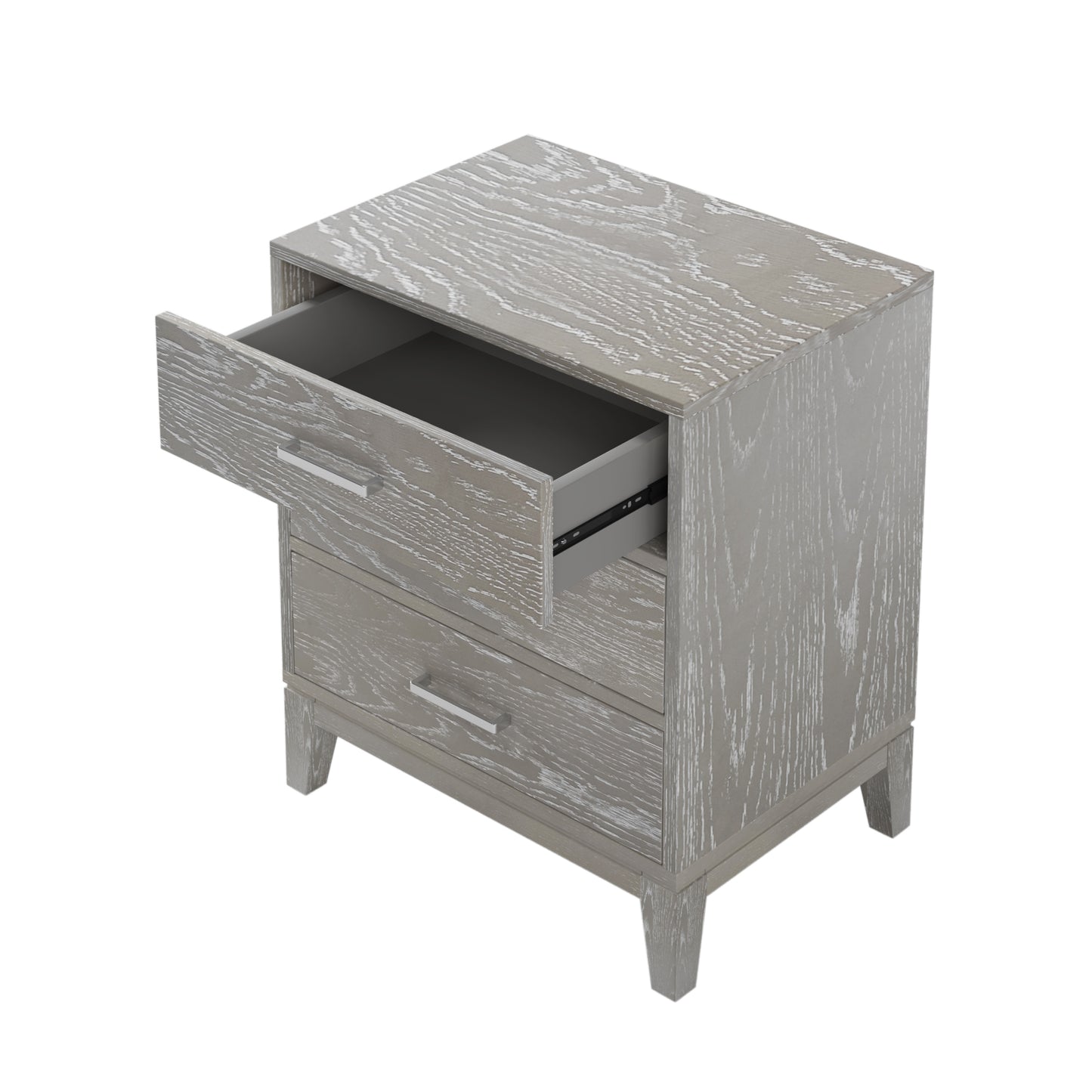 Modern Concise Style Gray Wood Grain Three-Drawer Nightstand with Tapered Legs and Smooth Gliding Drawers