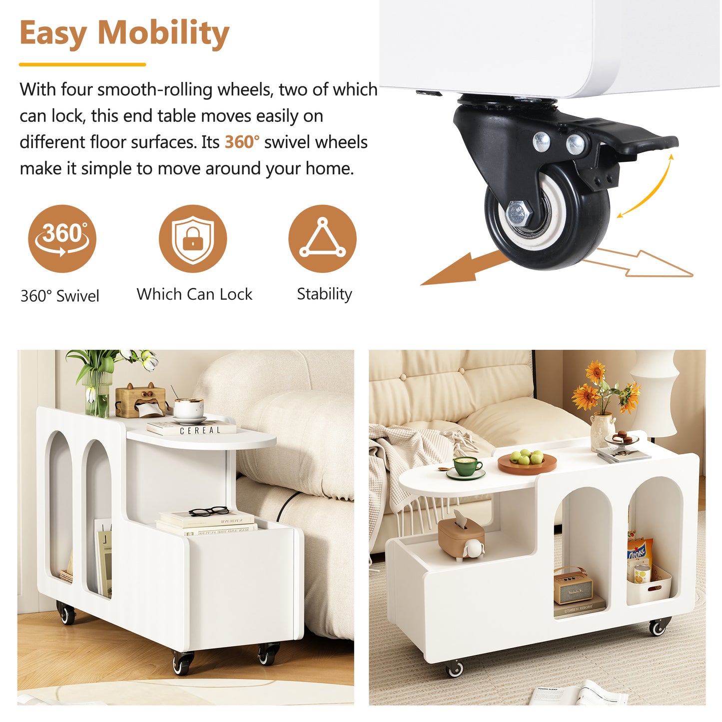 ON-TREND Mobile End Table with lockable wheels, Cream Style Side Table with Storage Drawer, 11.8inch Narrow Nightstand with Multi-layer Storage, Living Room, White