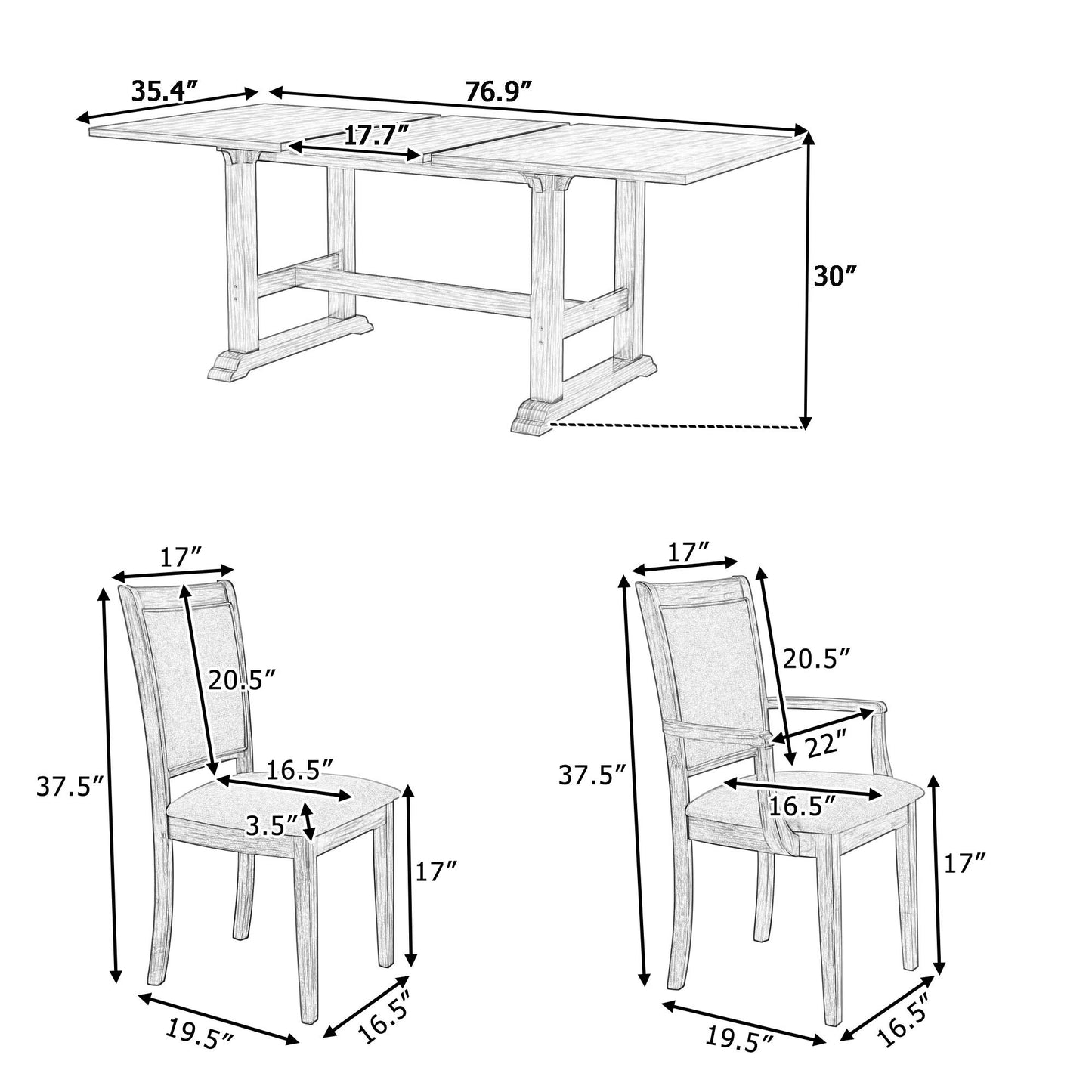 TOPMAX 7-Piece Updated 76.9inch Extendable Trestle Dining Table Set with Removable Leaf, Kitchen Table Set with Upholstered Side Chair and Arm Chair, Set of 6, Grey