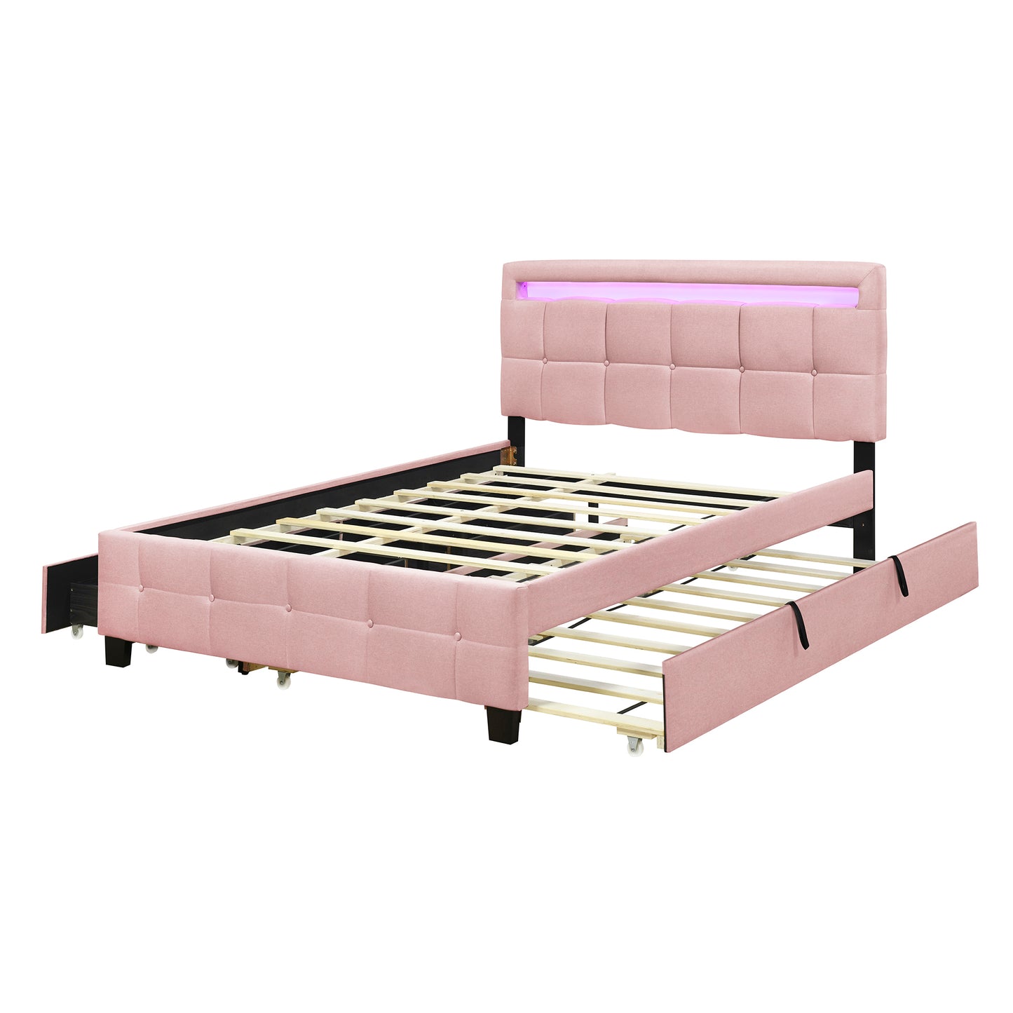 Queen Size Upholstered Platform Bed with LED Frame, with Twin XL Size Trundle and 2 drawers, Linen Fabric, Pink