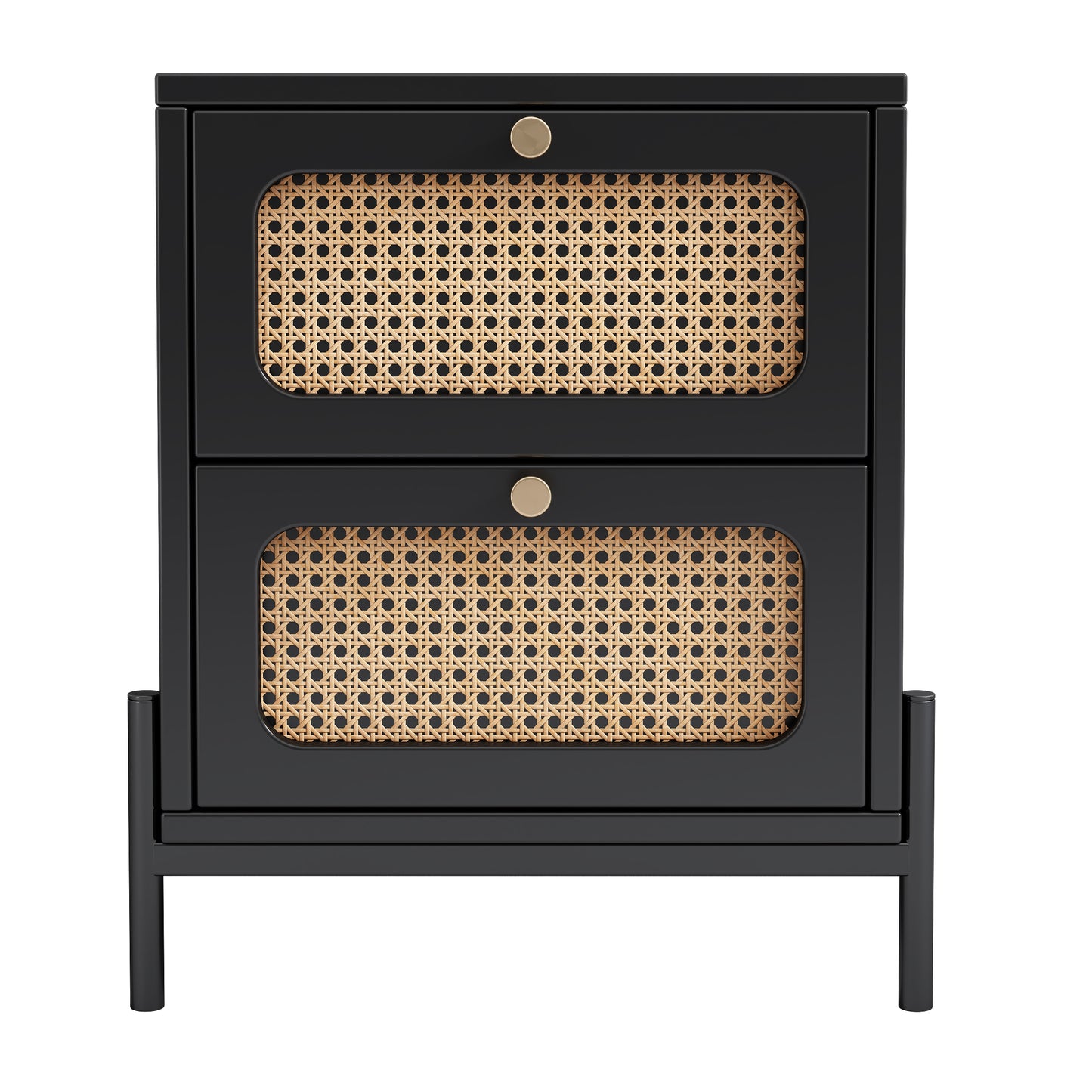 4 Pieces Modern Cannage Rattan Platform Queen Bed + Nightstand*2+ Dresser, Black