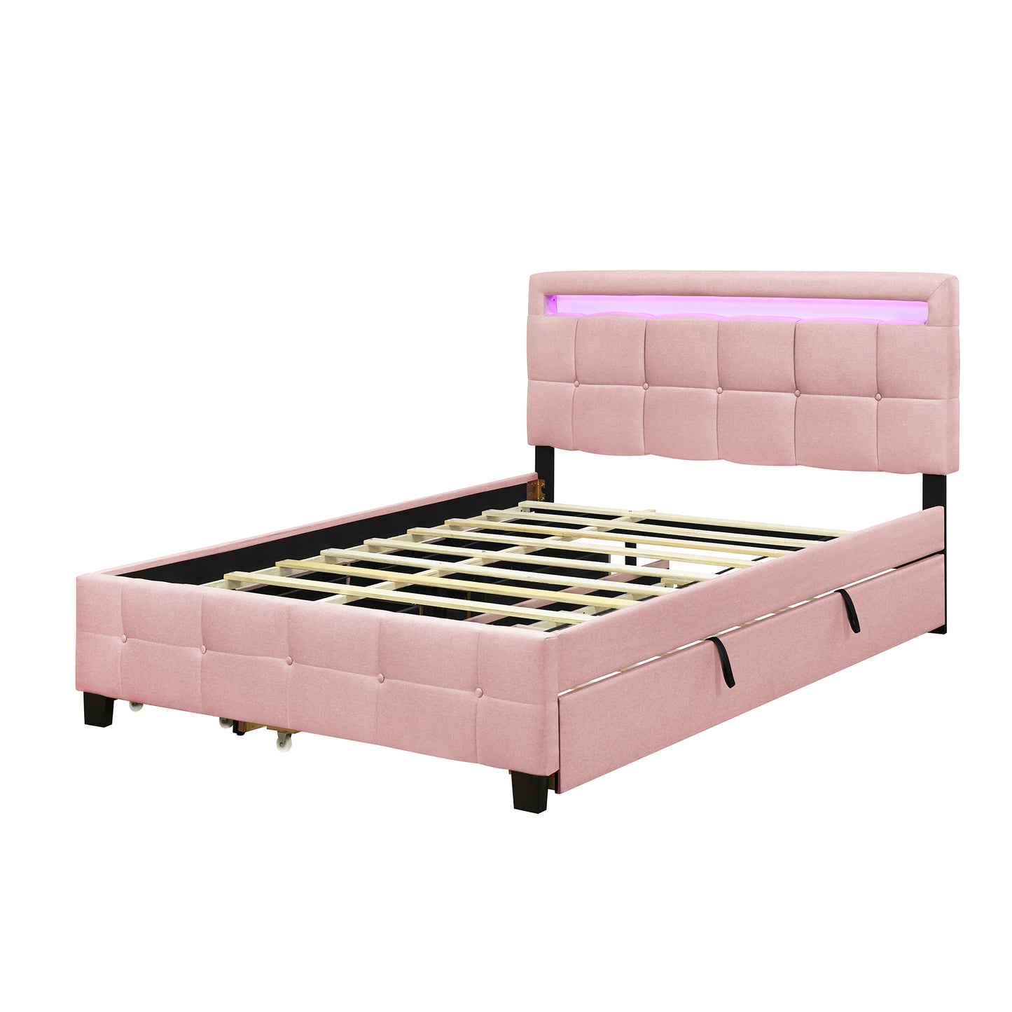 Queen Size Upholstered Platform Bed with LED Frame, with Twin XL Size Trundle and 2 drawers, Linen Fabric, Pink