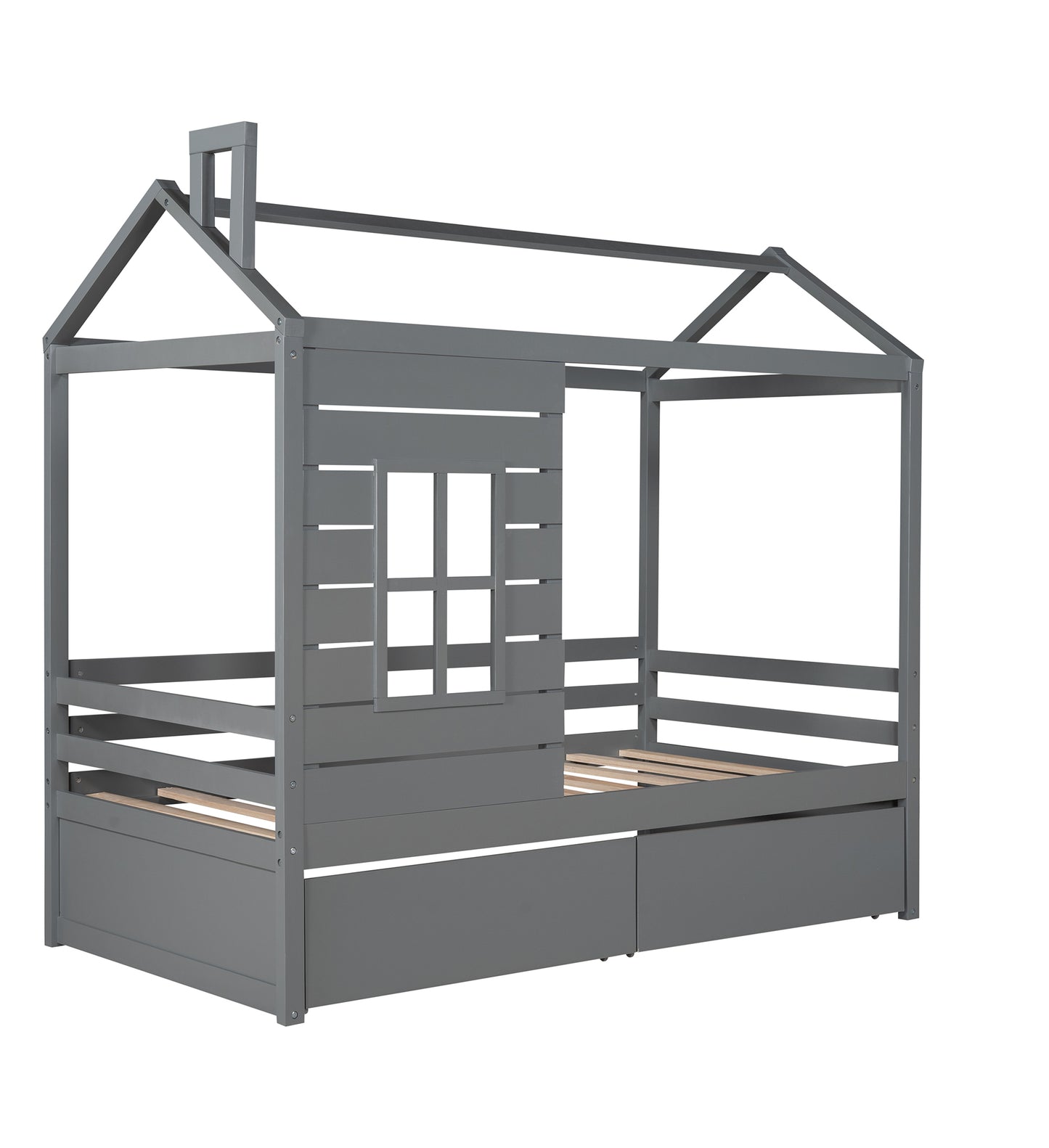 Twin Size House Bed Wood Bed with Two Drawers ( Gray )
