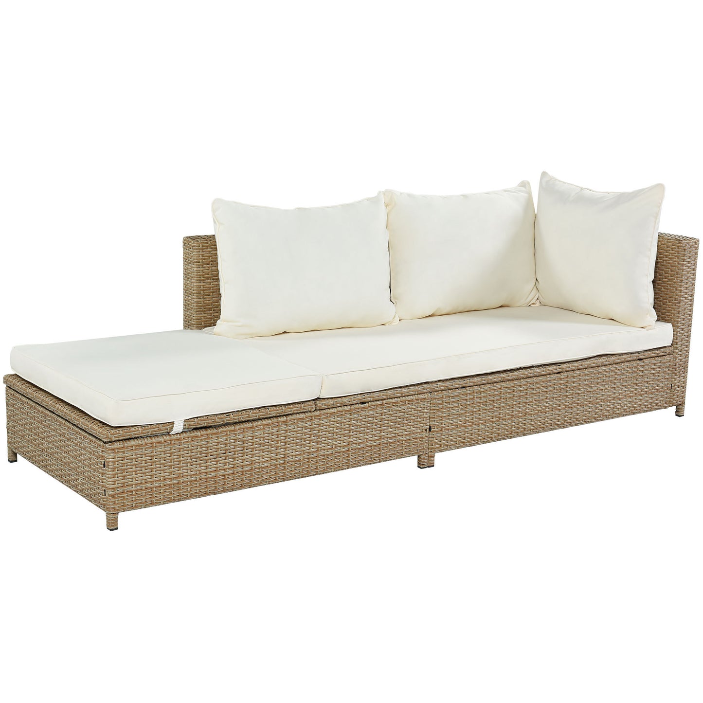 TOPMAX Patio 3-Piece Rattan Sofa Set All Weather PE Wicker Sectional Set with Adjustable Chaise Lounge Frame and Tempered Glass Table, Natural Brown