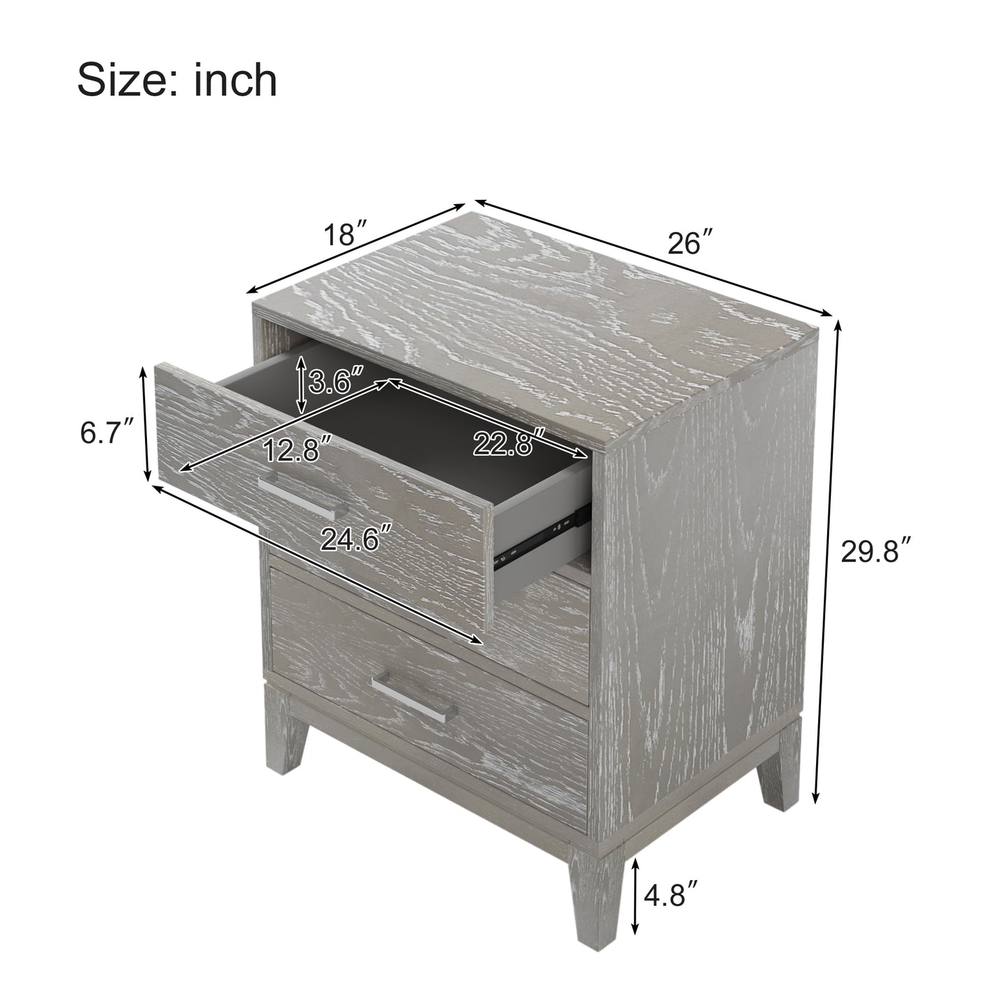 Modern Concise Style Gray Wood Grain Three-Drawer Nightstand with Tapered Legs and Smooth Gliding Drawers