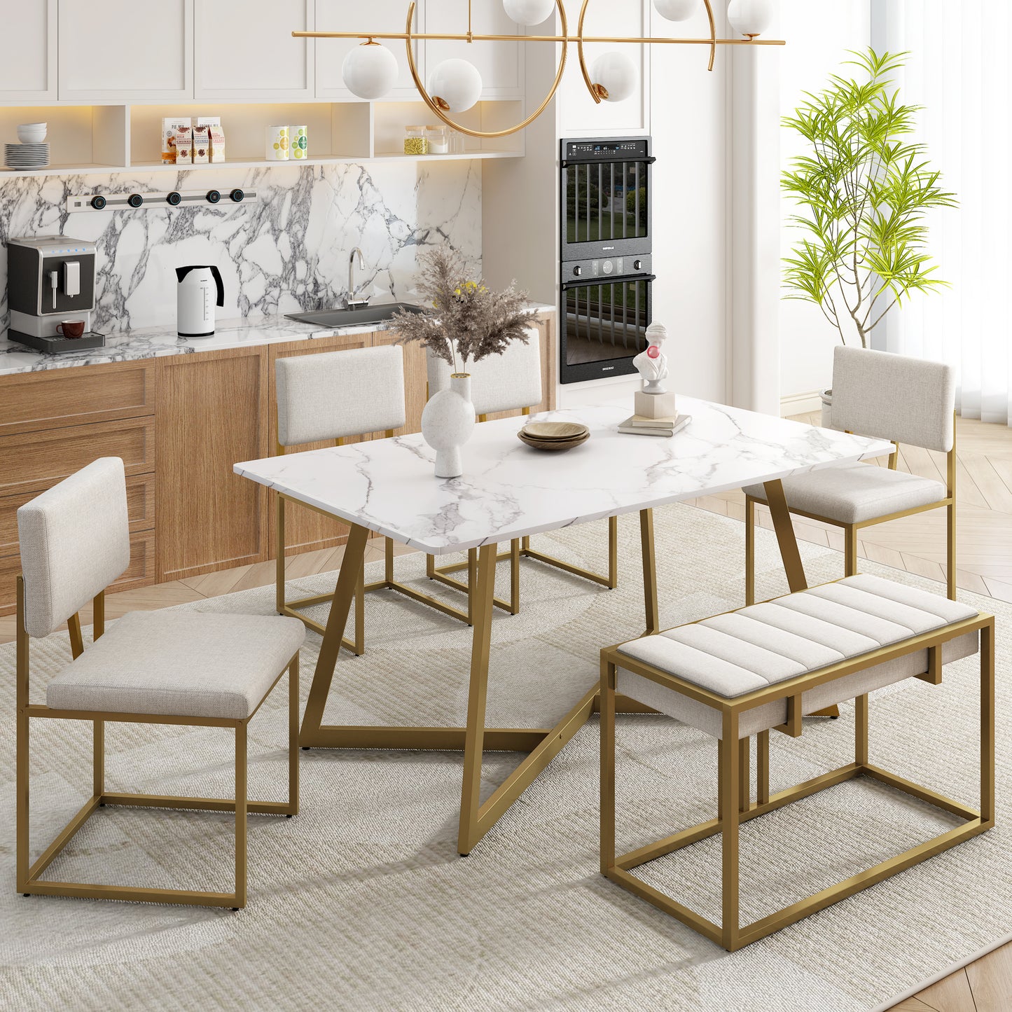 TOPMAX Modern Faux Marble 6-Piece Dining Table Set,60inch Metal Kitchen Table Set with Upholstered Dining Chairs and Bench, Golden