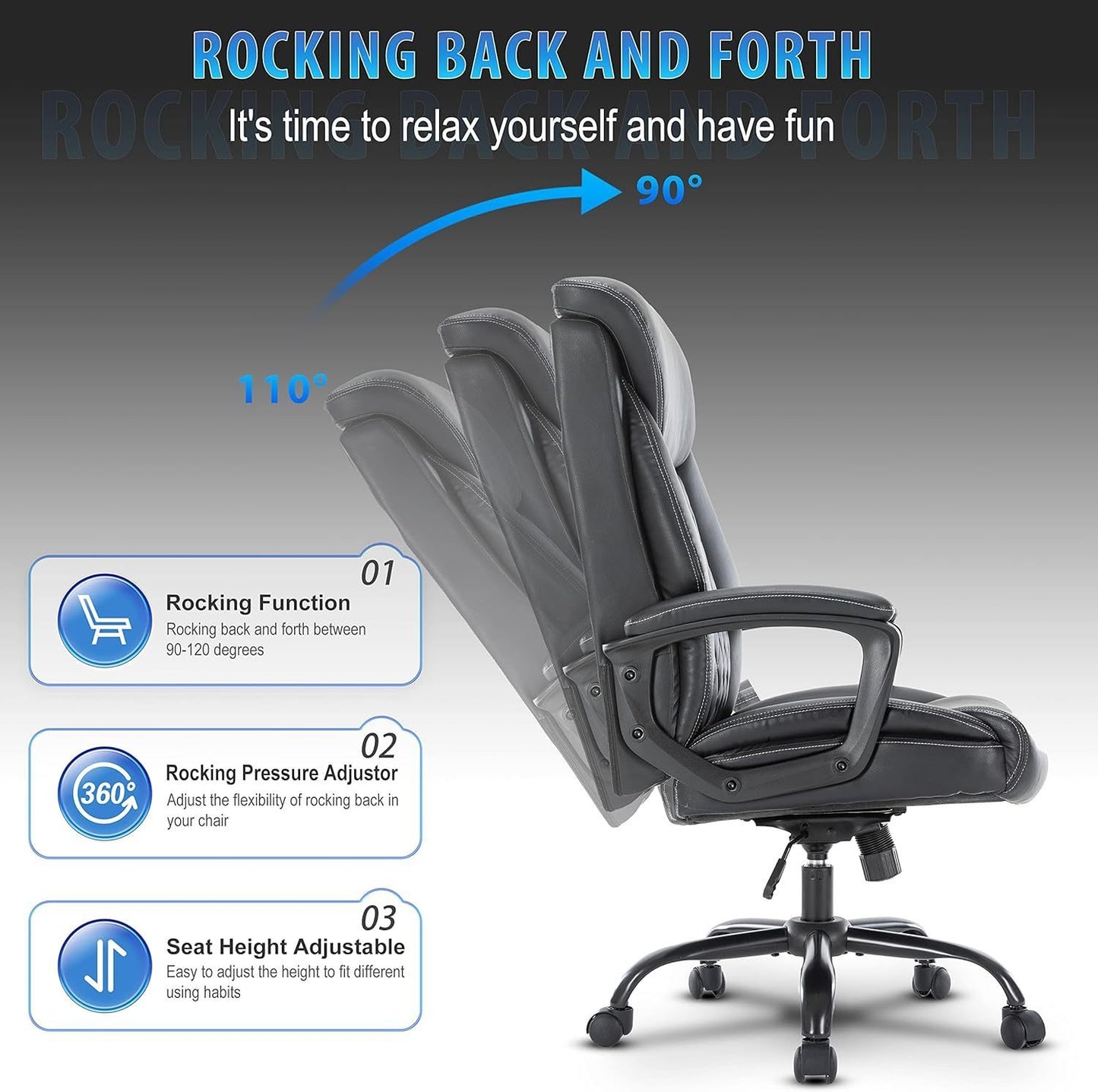 Computer Chair-Office Chair-Executive Office Chair with Fixed Armrests-Ergonomic Office Desk Chair High Back-Computer Chair with Wheels-Leather Office Chair Black with Paded Armrests