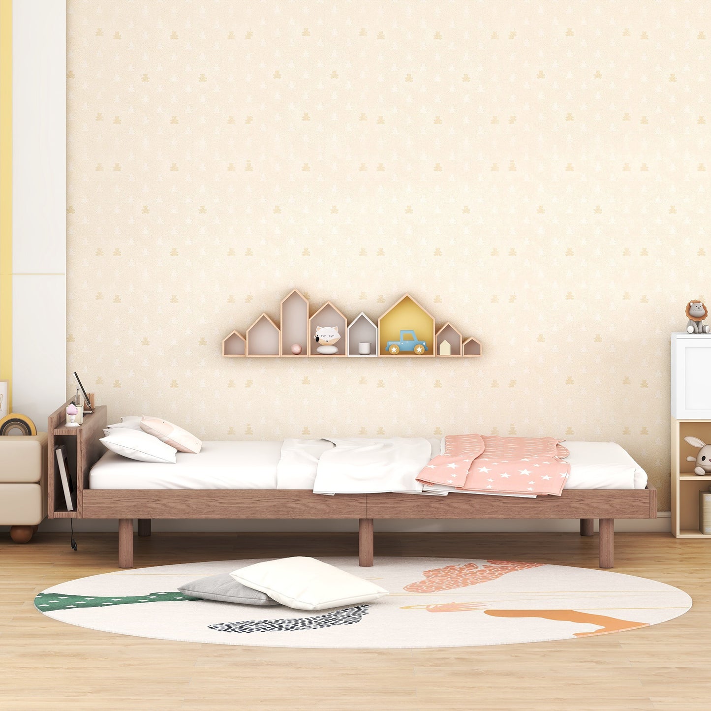 Modern Design Twin Size Platform Bed Frame with Headboard for Walnut Color