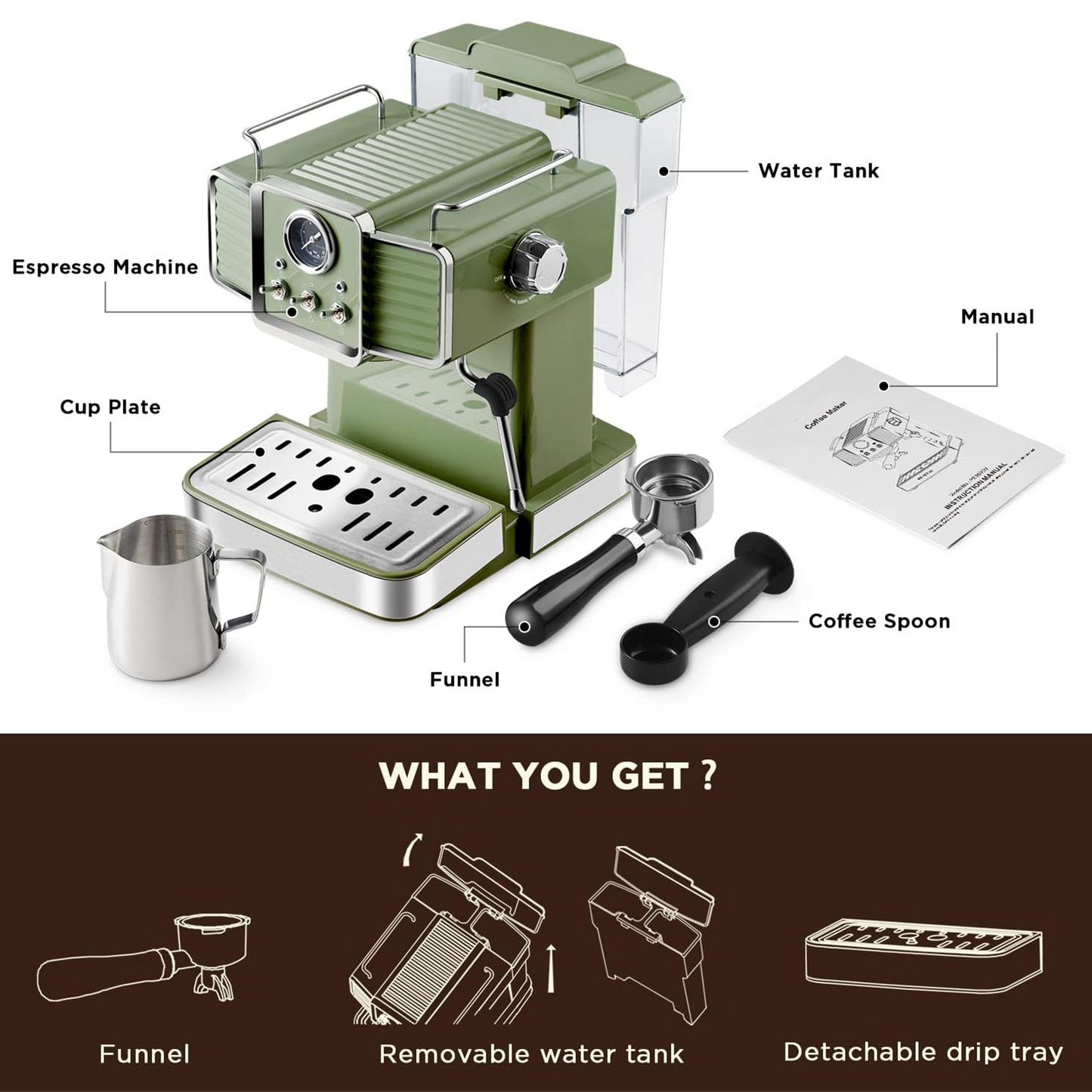 15 Bar Espresso Coffee Machine with Milk Frother Steam Wand, 1350W Professional Coffee Maker, 54 Oz Removable Water Tank Espresso Maker Cappuccino, Latte, Machiato, Green, For Home Barista