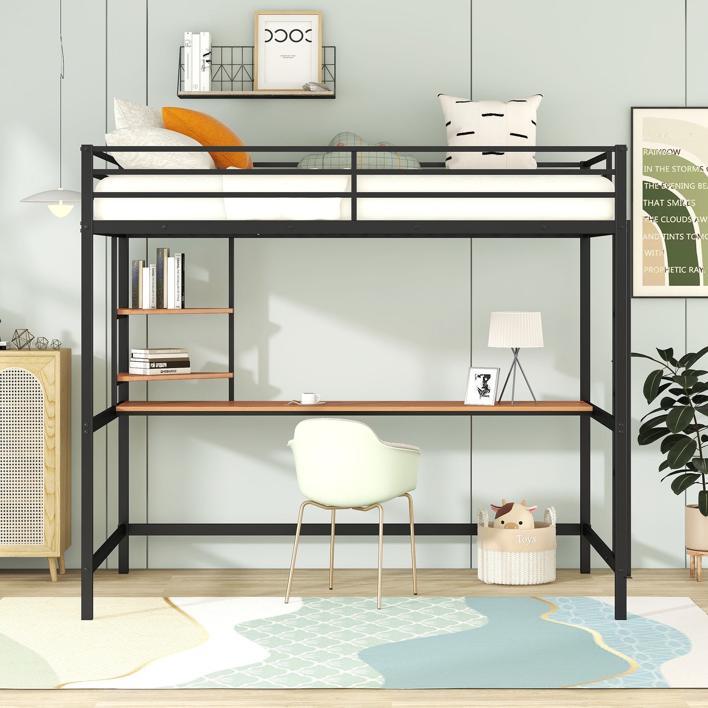 Full Metal Loft Bed with Desk and Shelve, Black