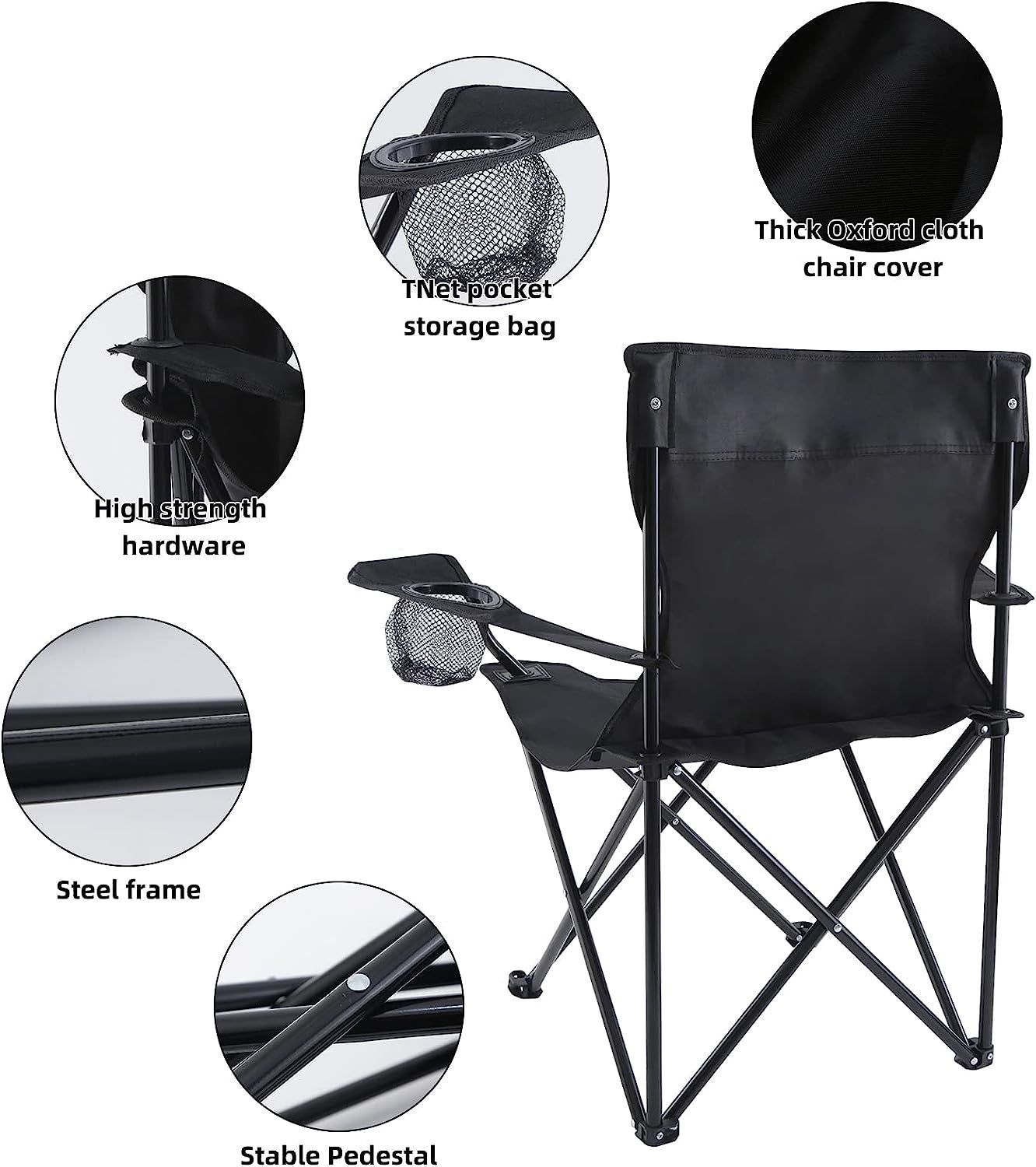YSSOA Portable Folding Black Camping Chair, 1-Pack