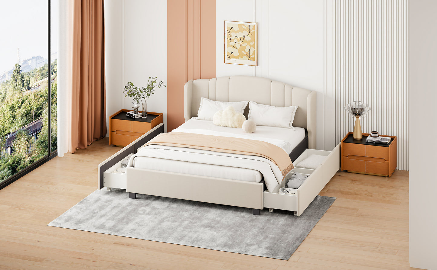 Upholstered Platform Bed with Wingback Headboard and 4 Drawers, No Box Spring Needed, Linen Fabric, Queen Size Beige