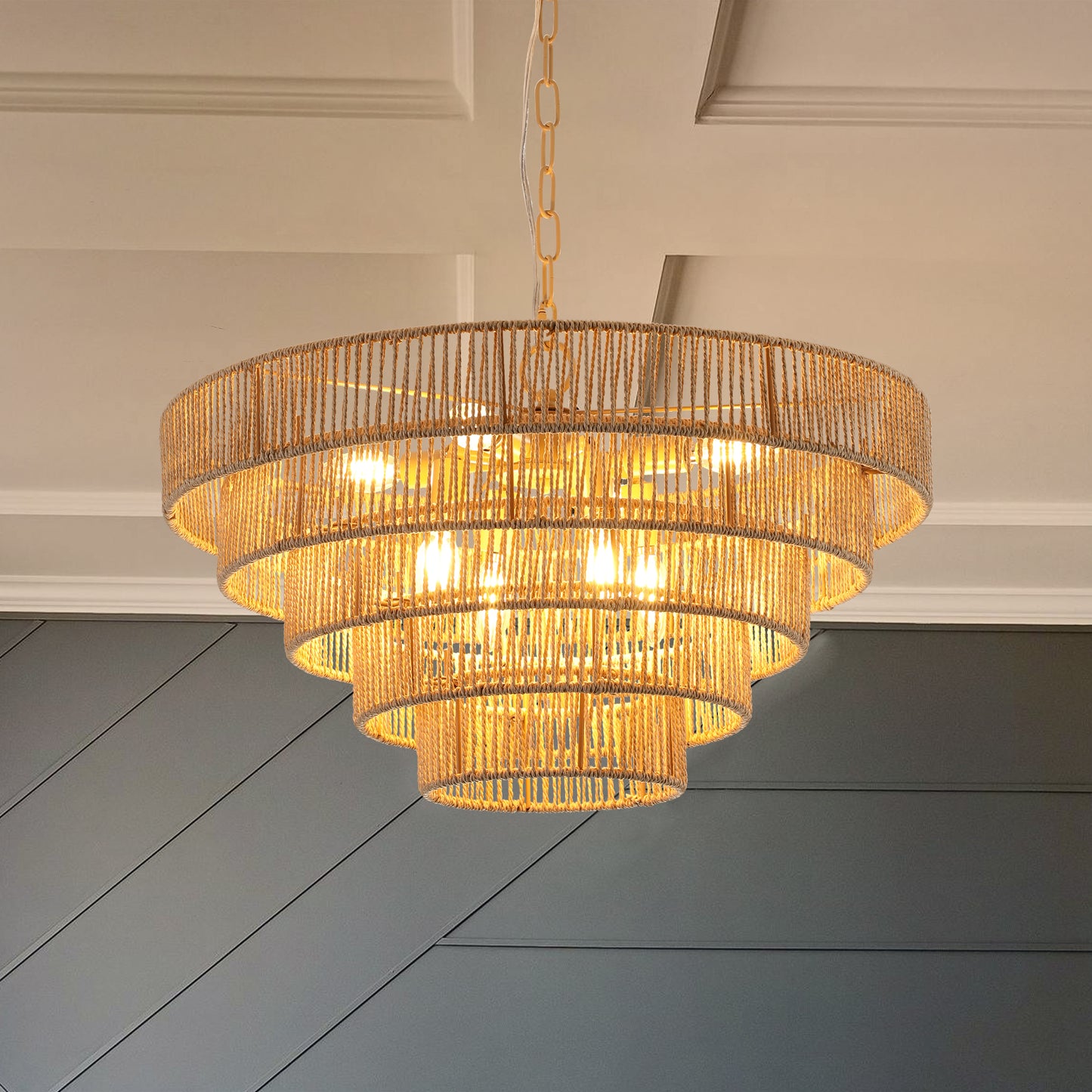 Bohemian style Woven Pendant Light 23.6 Inch Rattan Ligh Large Rattan Pendant Light with 5-Tier Rattan Chandelier--Wood