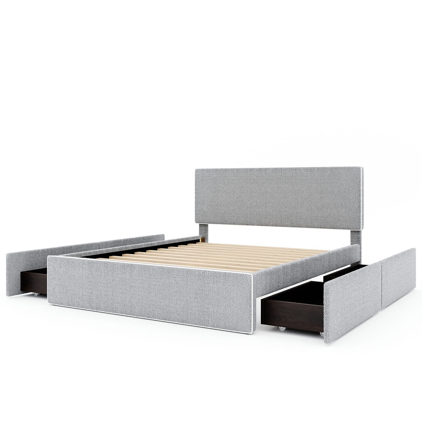 Queen Size Upholstered Platform Bed with 4 Drawers and White Edge on the Headboard & Footboard, Gray