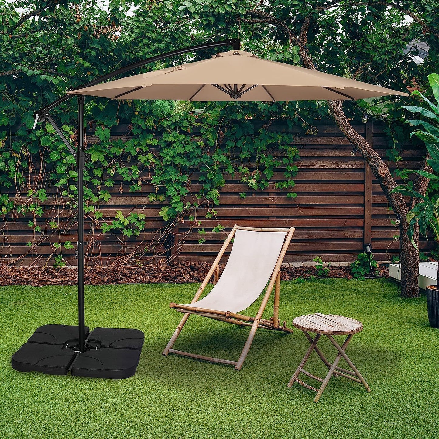 10ft Offset Umbrella Cantilever Patio Hanging Umbrella Outdoor Market Umbrella with Crank & Cross Base Suitable for Garden, Lawn, backyard and Deck, Tan
