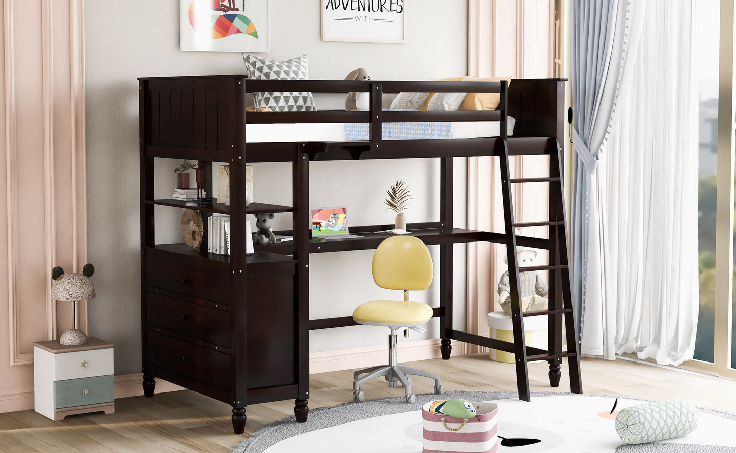 Twin size Loft Bed with Drawers and Desk, Wooden Loft Bed with Shelves - Espresso(OLD SKU: LP000530AAP)