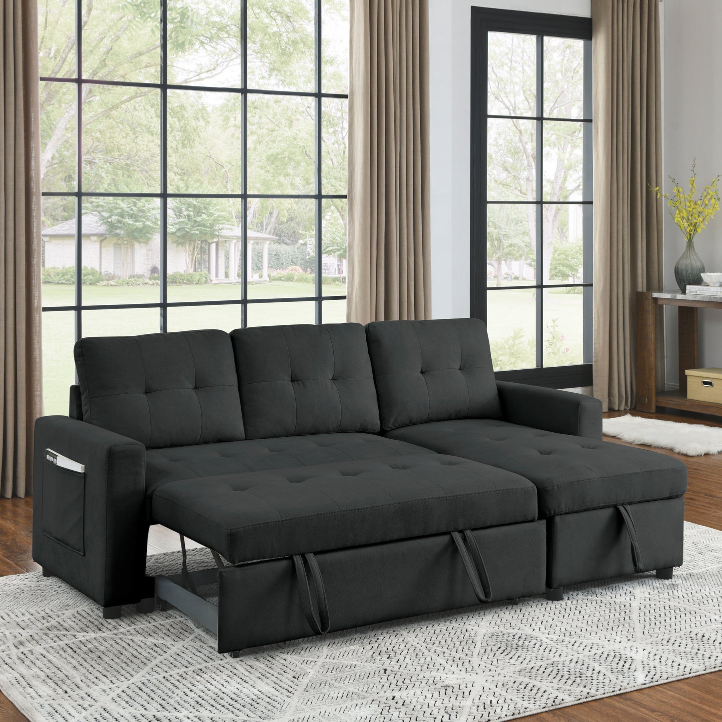 MH 78.5" Sleeper Sofa Bed Reversible Sectional Couch with Storage Chaise and Side storage bag for Small Space Living Room Furniture Set