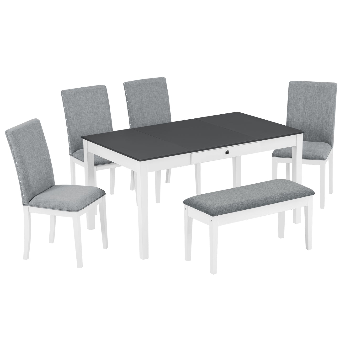 TOPMAX Farmhouse 6-Piece Dining Table Set with Storage Table, Kitchen Table Set with Drawer, Storable Bench and Upholstered Dining Chairs, White+Gray