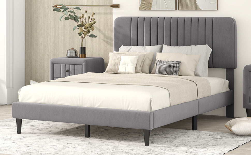Full Size Upholstered Platform Bed,No Box Spring Needed, Velvet Fabric,Gray