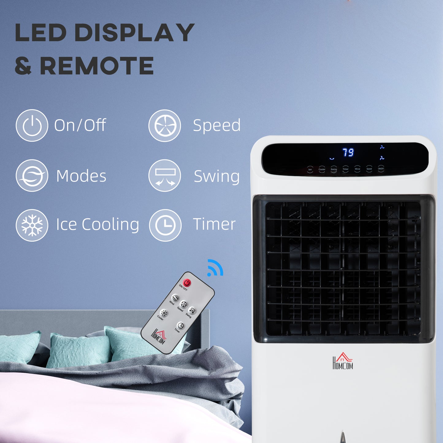 HOMCOM 32" Mobile Evaporative Air Cooler, 3-In-1 Ice Cooling Fan Water Conditioner Humidifier Unit with Remote, Timer, Oscillating, LED Display, 3.2gal Water Tank for Home Office, Bedroom, White