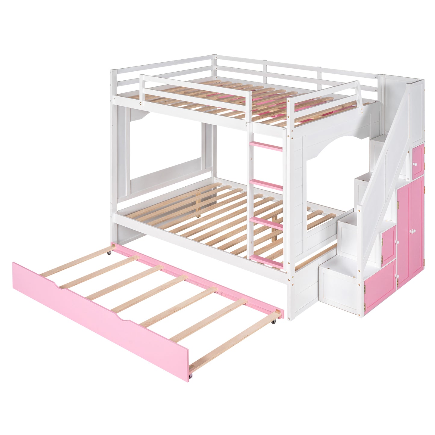 Full Over Full Bunk Bed with Trundle ,Stairs,Ladders Solid Wood Bunk bed with Storage Cabinet (White + Pink)