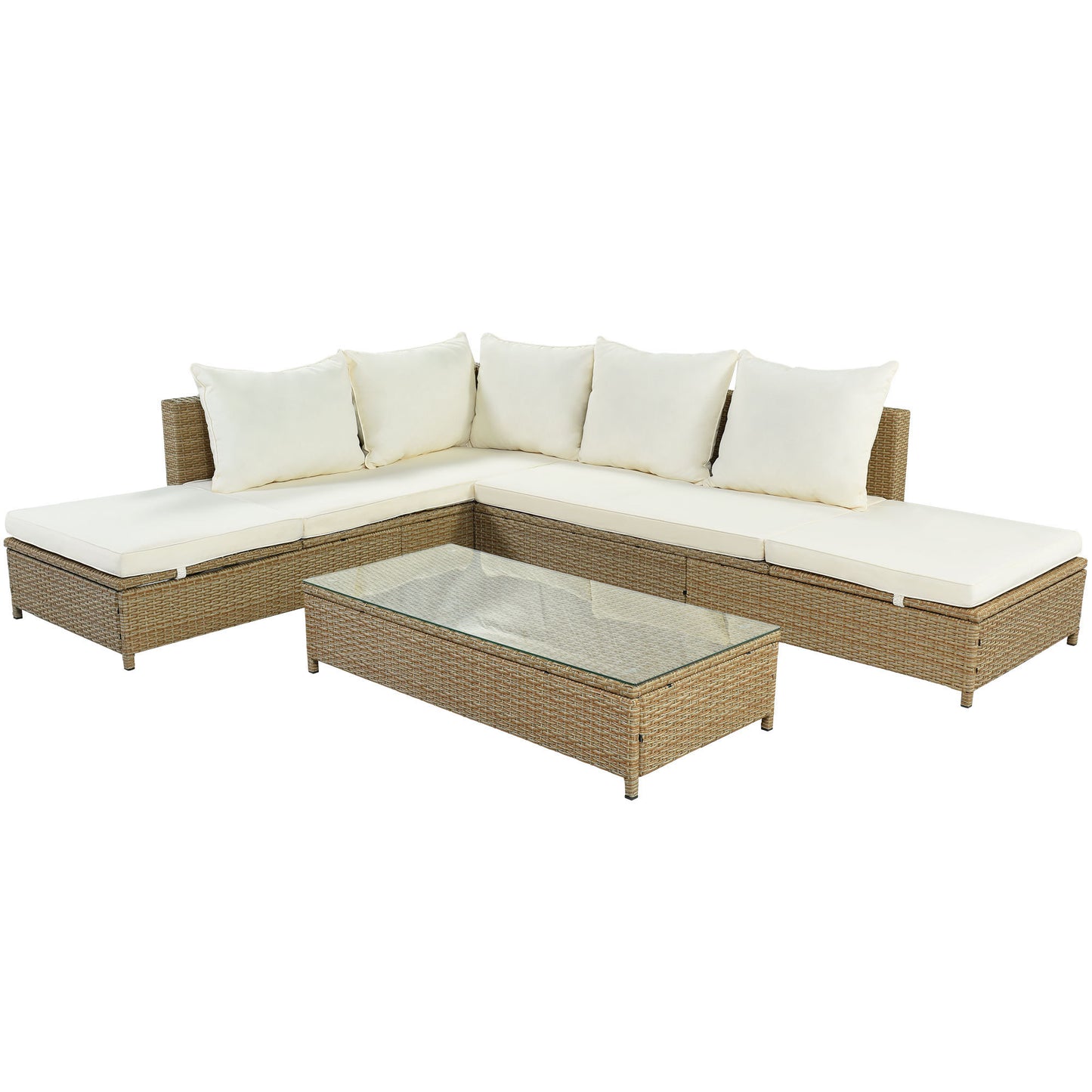 TOPMAX Patio 3-Piece Rattan Sofa Set All Weather PE Wicker Sectional Set with Adjustable Chaise Lounge Frame and Tempered Glass Table, Natural Brown
